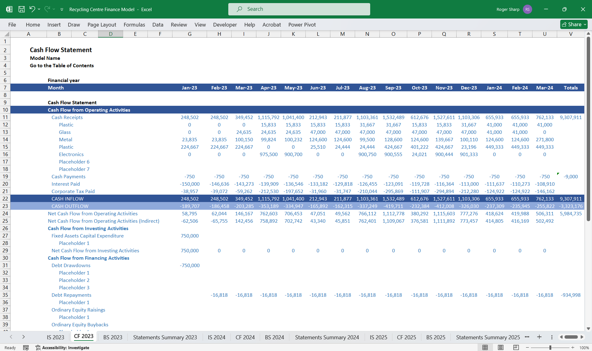 Recycling Center 5-Year 3-Statement Financial Model (Excel template (XLSX)) Preview Image