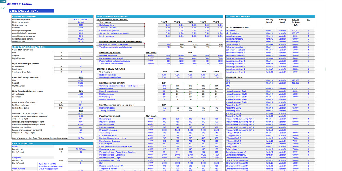 Airline Financial Model (Aircraft Lease & Capex Option) (Excel template (XLSX)) Preview Image