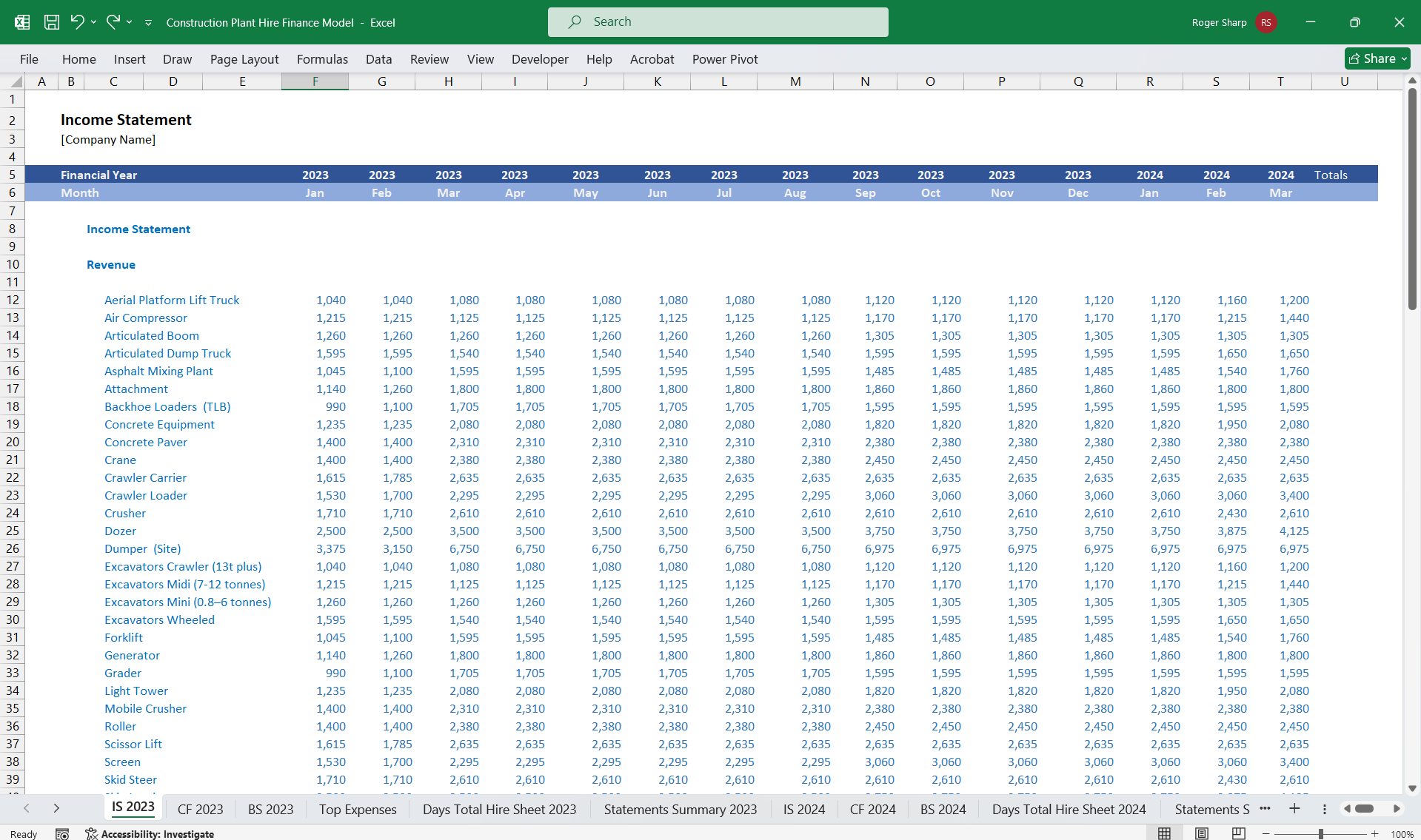 Construction Plant Hire Financial Model 3 Statement (Excel template (XLSX)) Preview Image