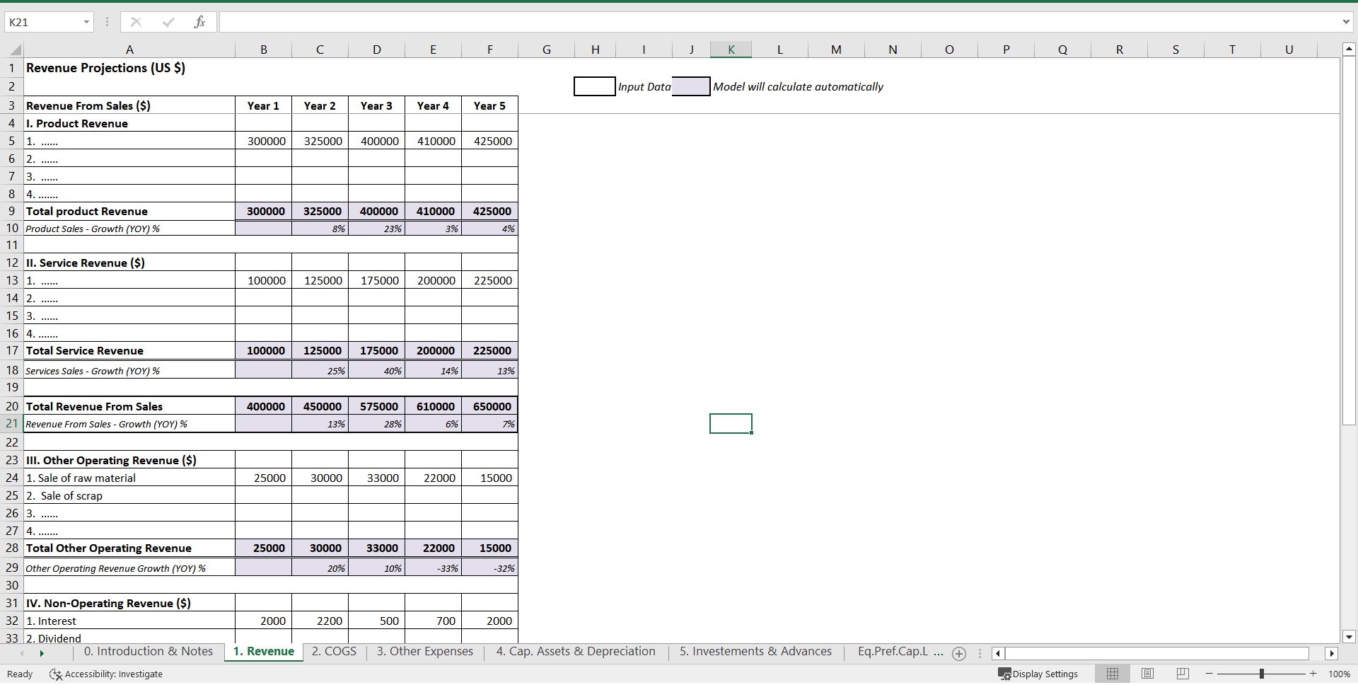 This is a partial preview of Integrated Financial Model - Auto Generate Projected Financial Statements (Excel workbook (XLSX)). 
