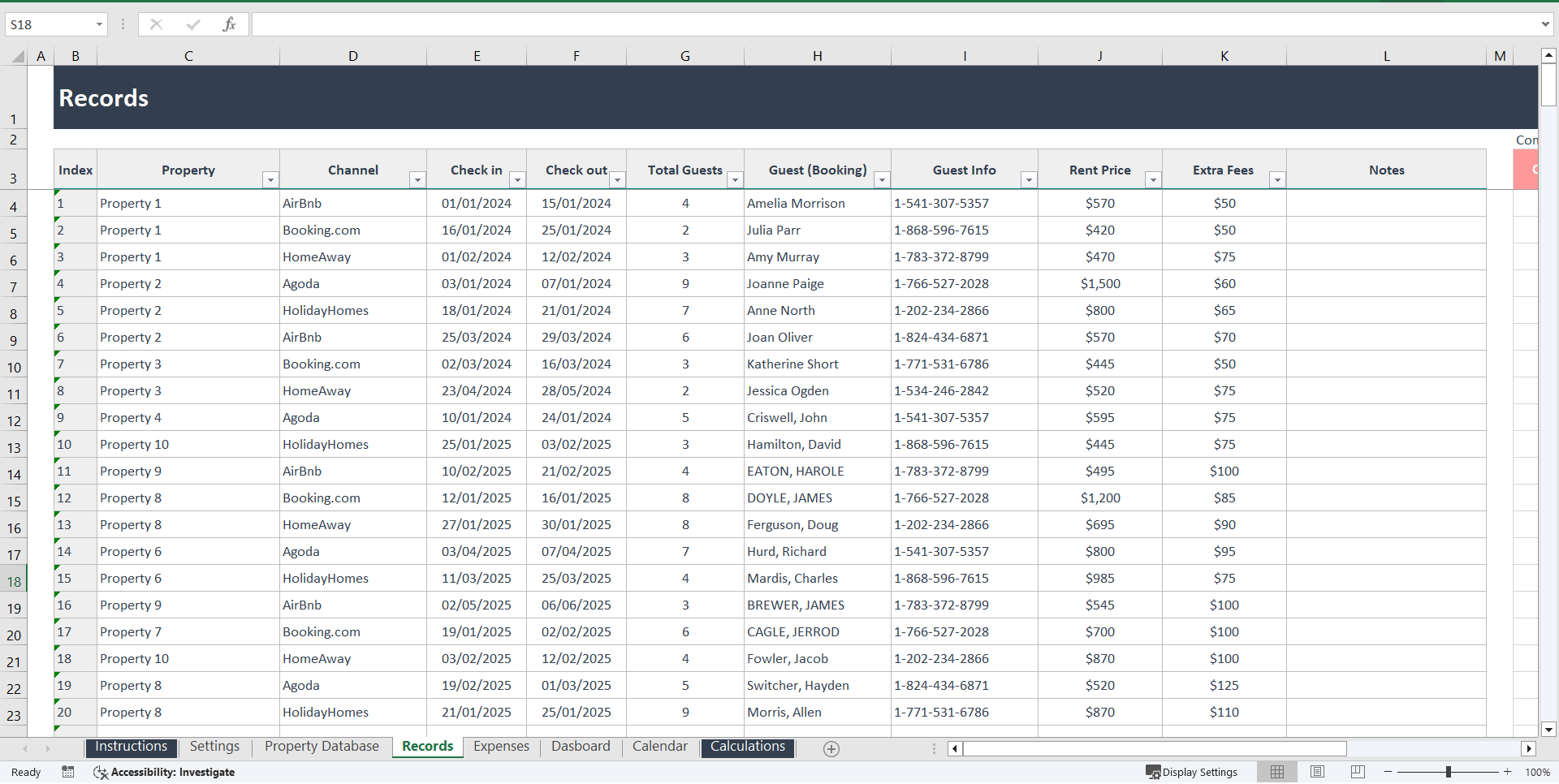 Excel-Based Revenue Tracking Tool for Airbnb Hosts (Excel template (XLSX)) Preview Image