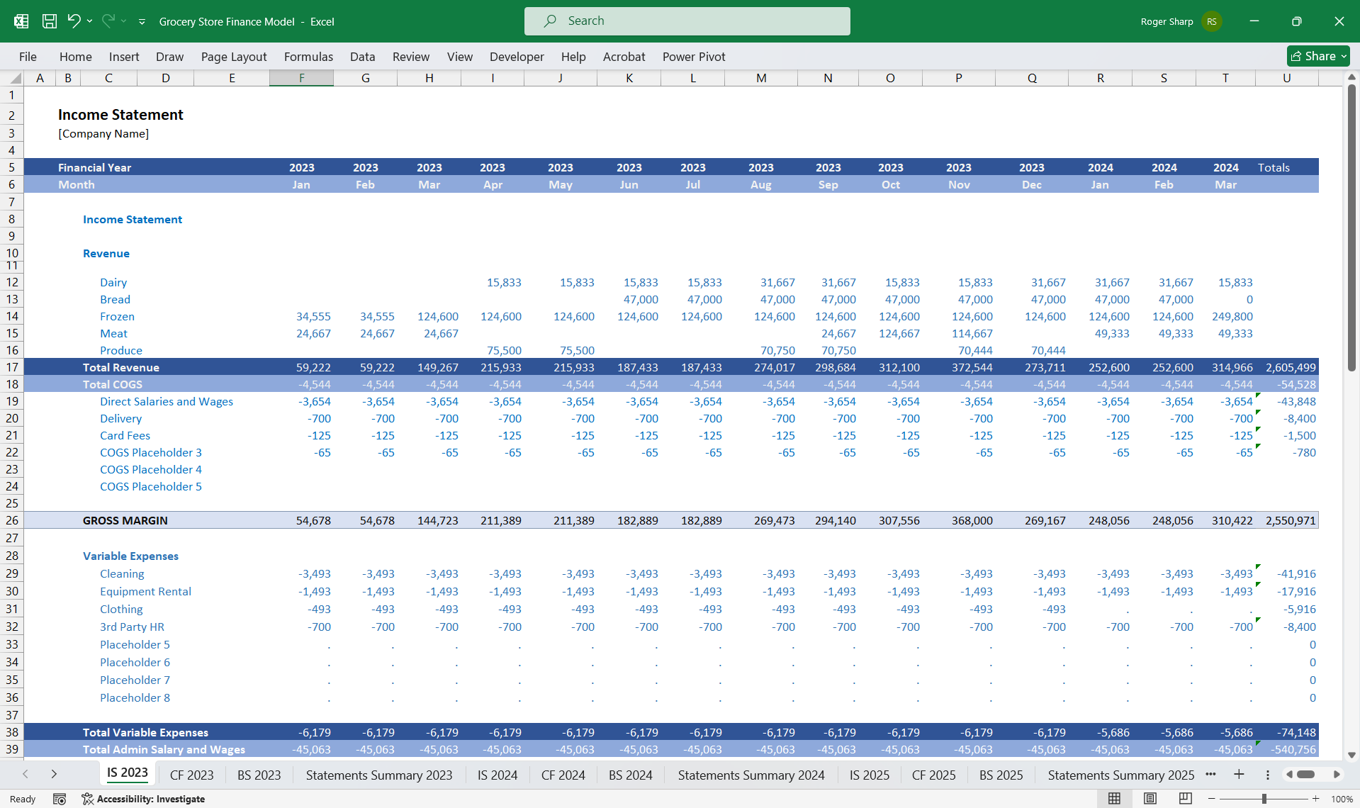 Grocery Store Finance Model 3 Statement (Excel template (XLSX)) Preview Image