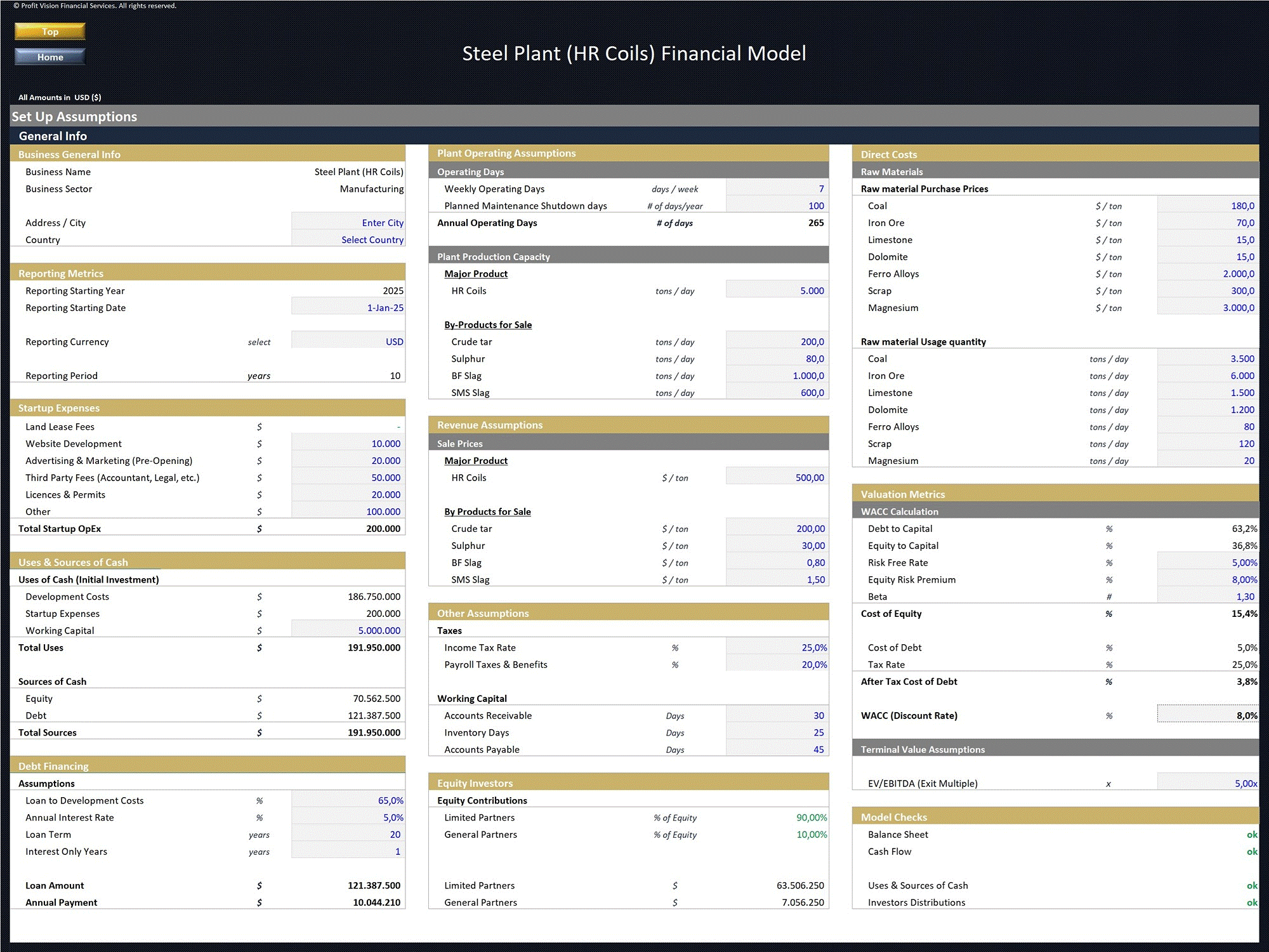 Steel Plant (HR Coils) - 10 Year Financial Model (Excel template (XLSX)) Preview Image