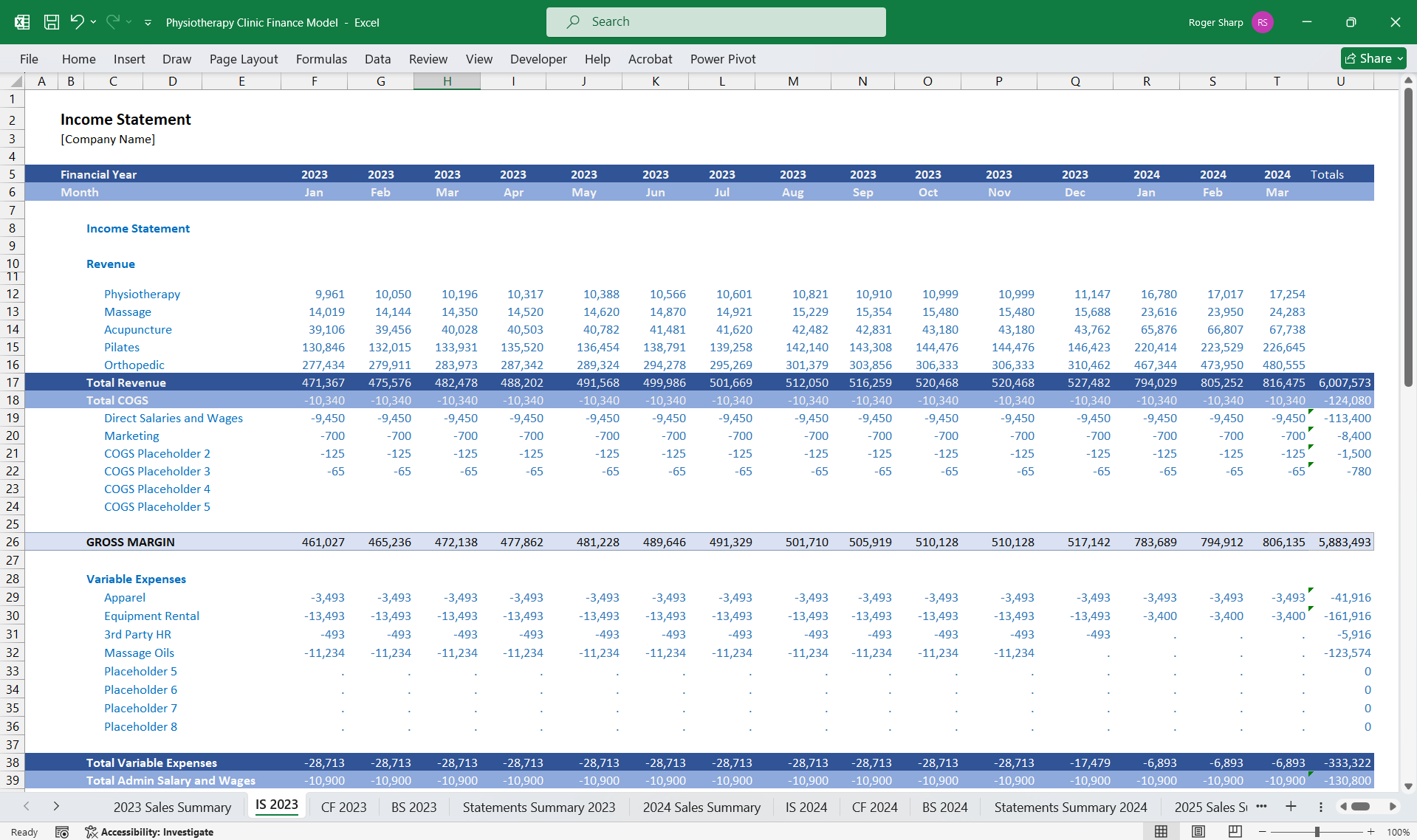 Physiotherapy Clinic Finance Model (Excel template (XLSX)) Preview Image