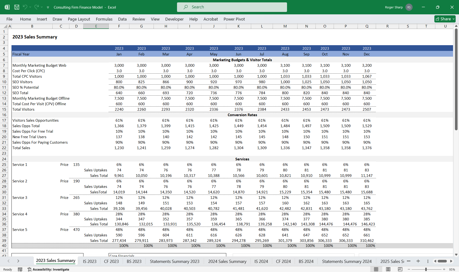 Consulting Firm Finance Model 3 Statement (Excel template (XLSX)) Preview Image