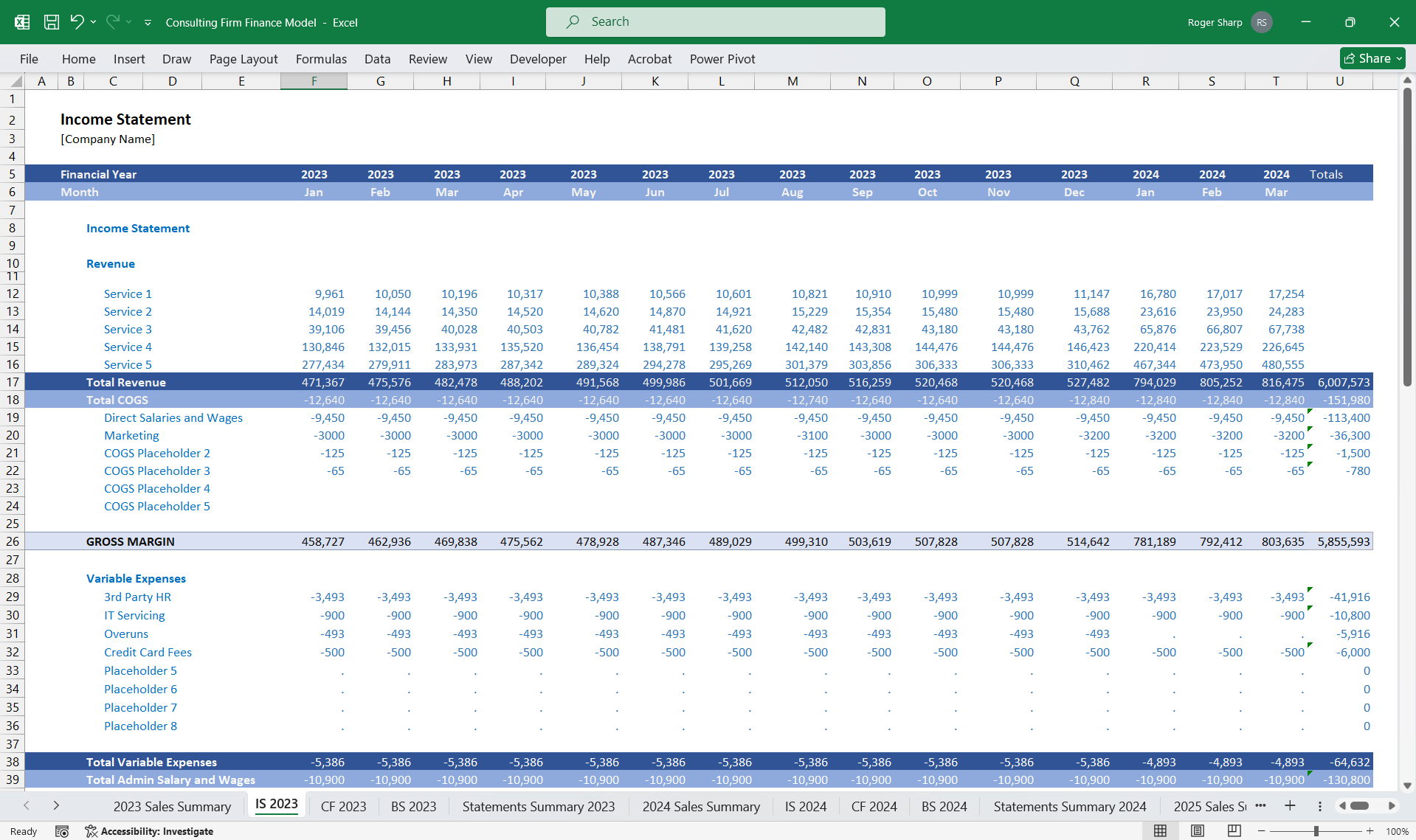 Consulting Firm Finance Model 3 Statement (Excel template (XLSX)) Preview Image