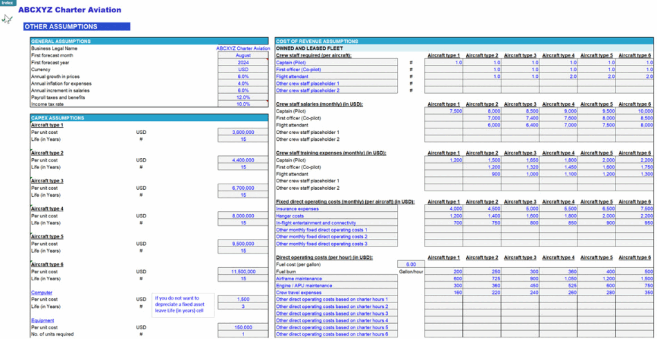 Private Aircraft Charter Business Financial Model (Pro version) (Excel template (XLSX)) Preview Image