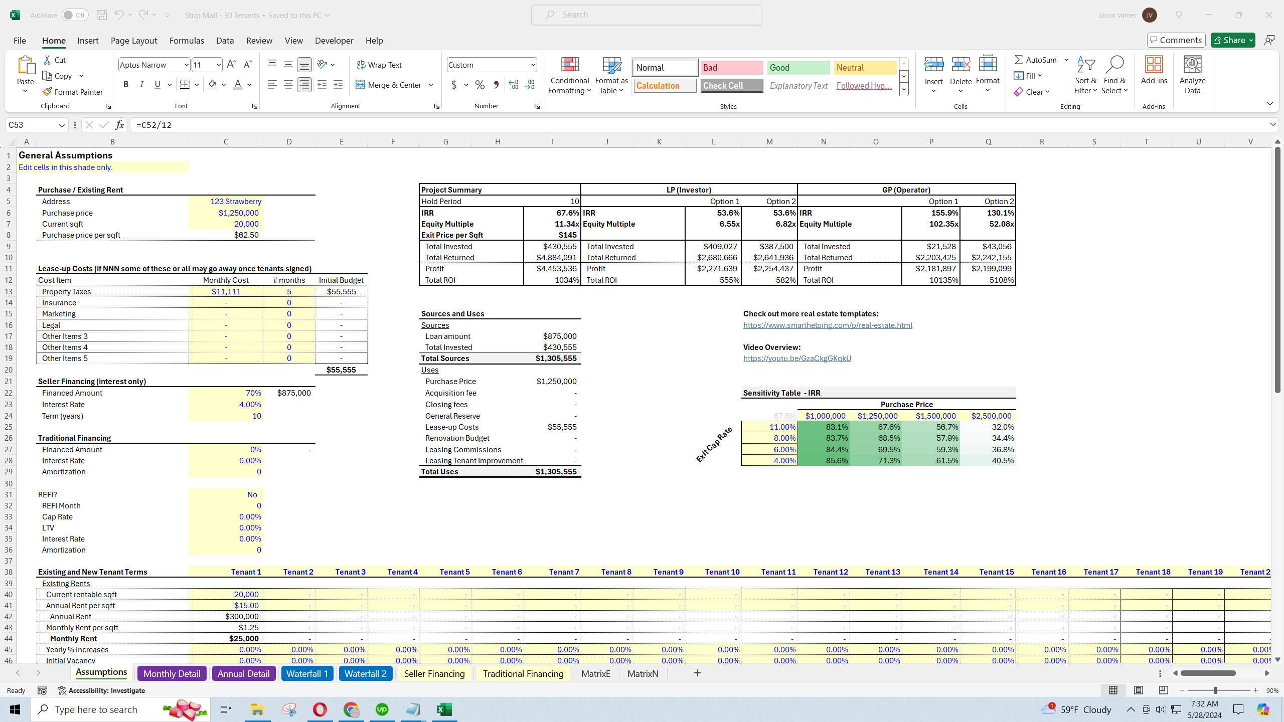 Strip Mall Acquisition Model: 30 Tenants (Excel template (XLSX)) Preview Image