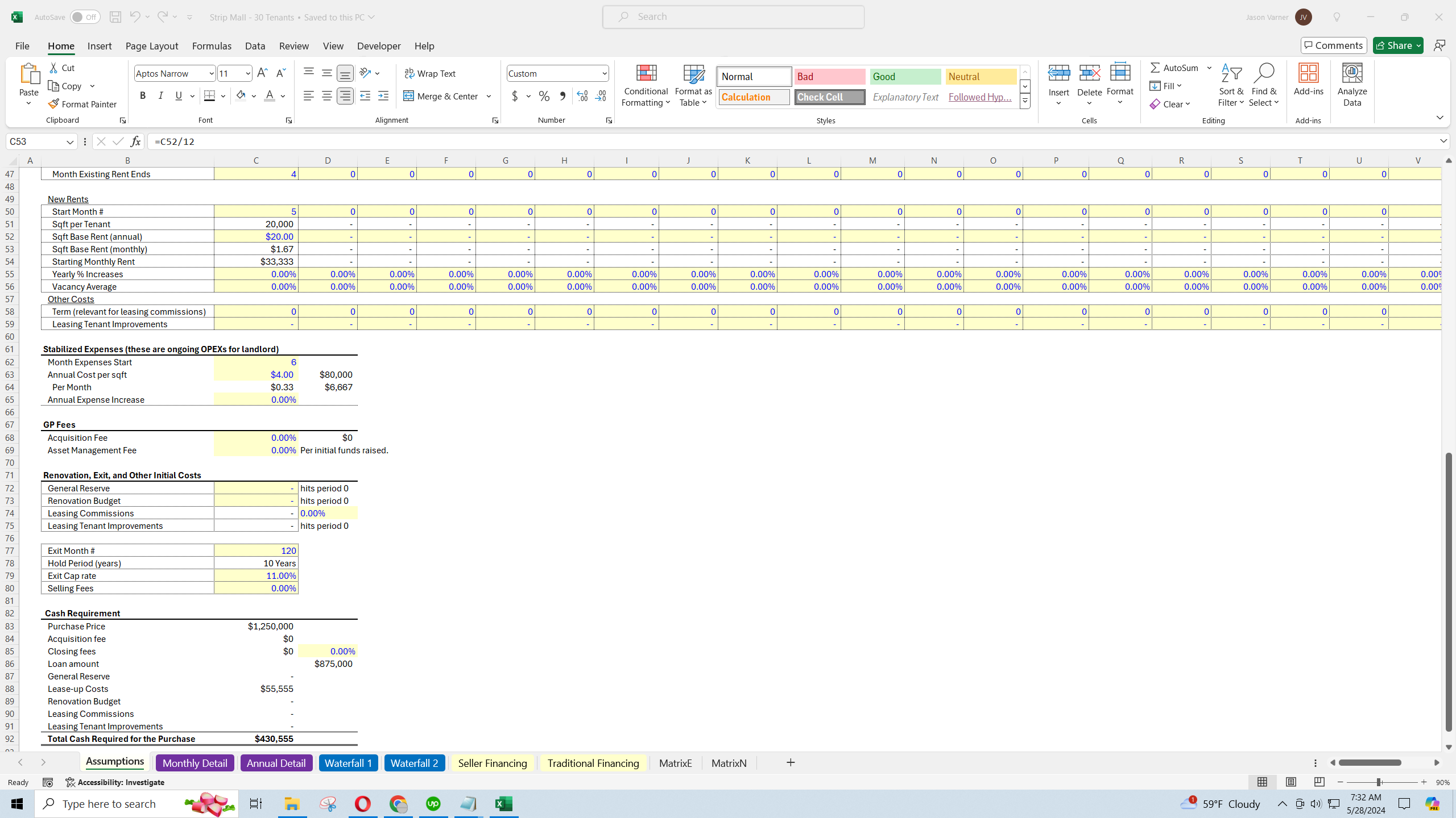 Strip Mall Acquisition Model: 30 Tenants (Excel template (XLSX)) Preview Image