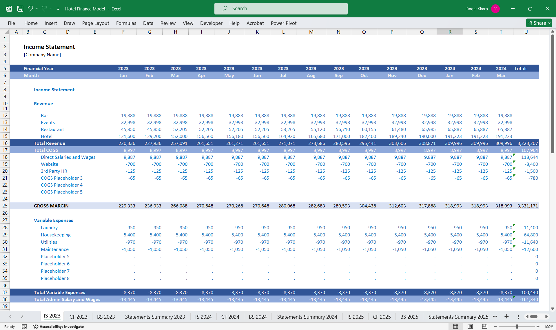 Hotel Financial Model 5 Year 3 Statement (Excel template (XLSX)) Preview Image