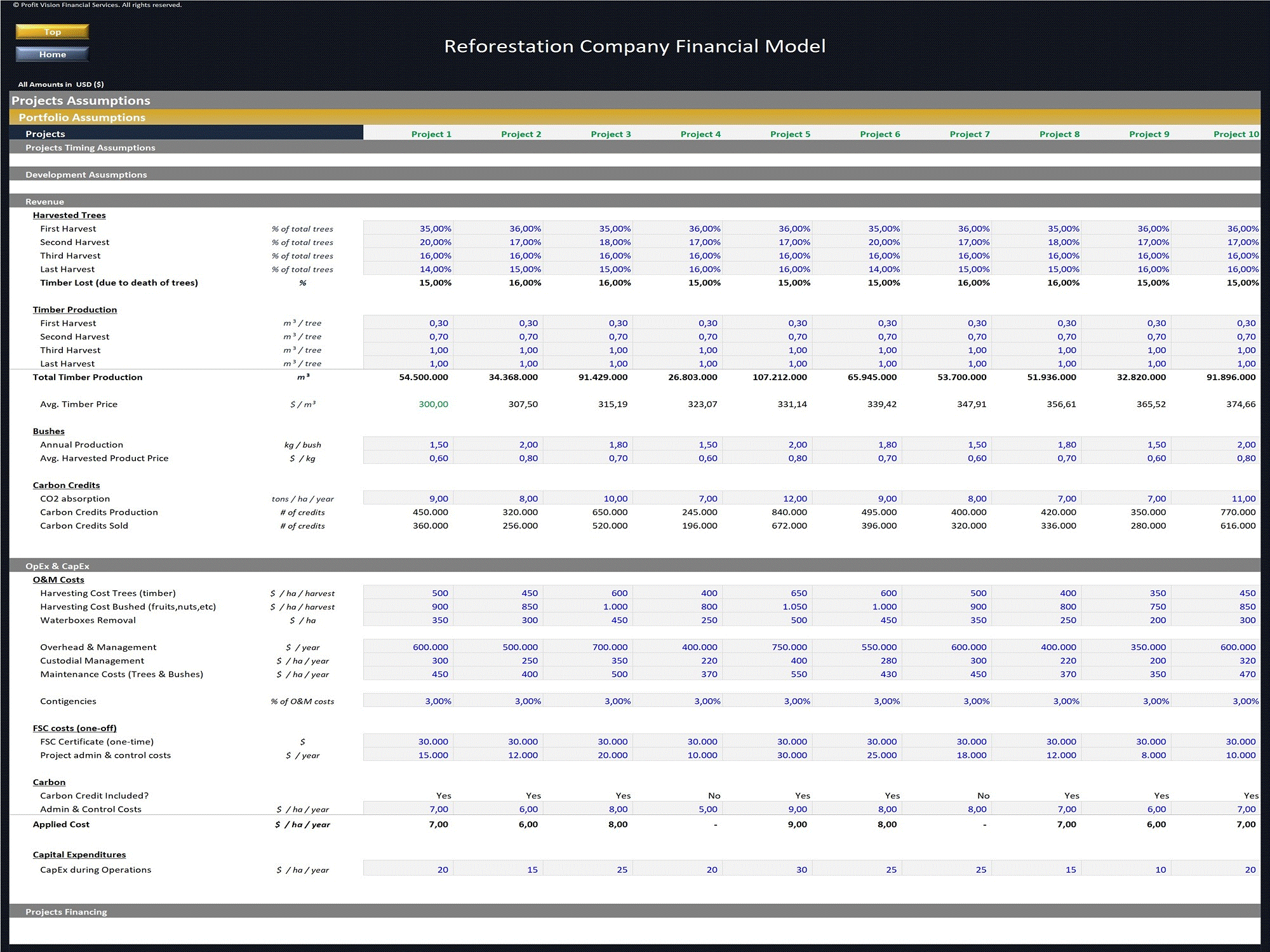 Reforestation Projects Portfolio Financial Model (Excel template (XLSX)) Preview Image