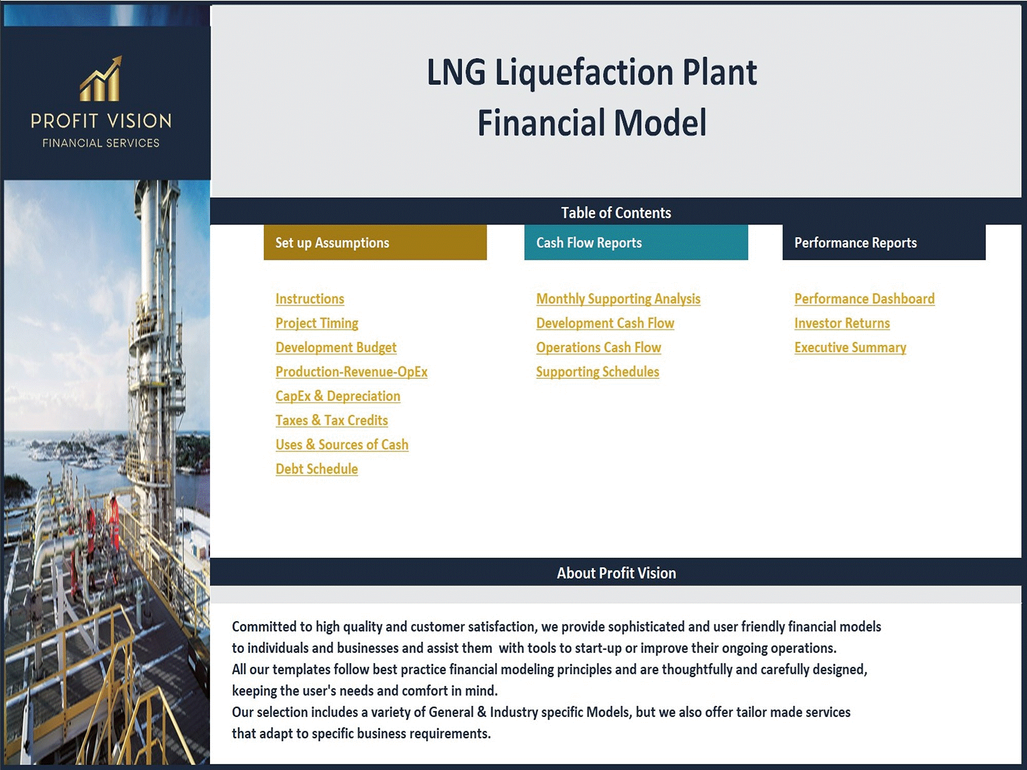 LNG Liquefaction Plant – Project Finance Model (Excel template (XLSX)) Preview Image