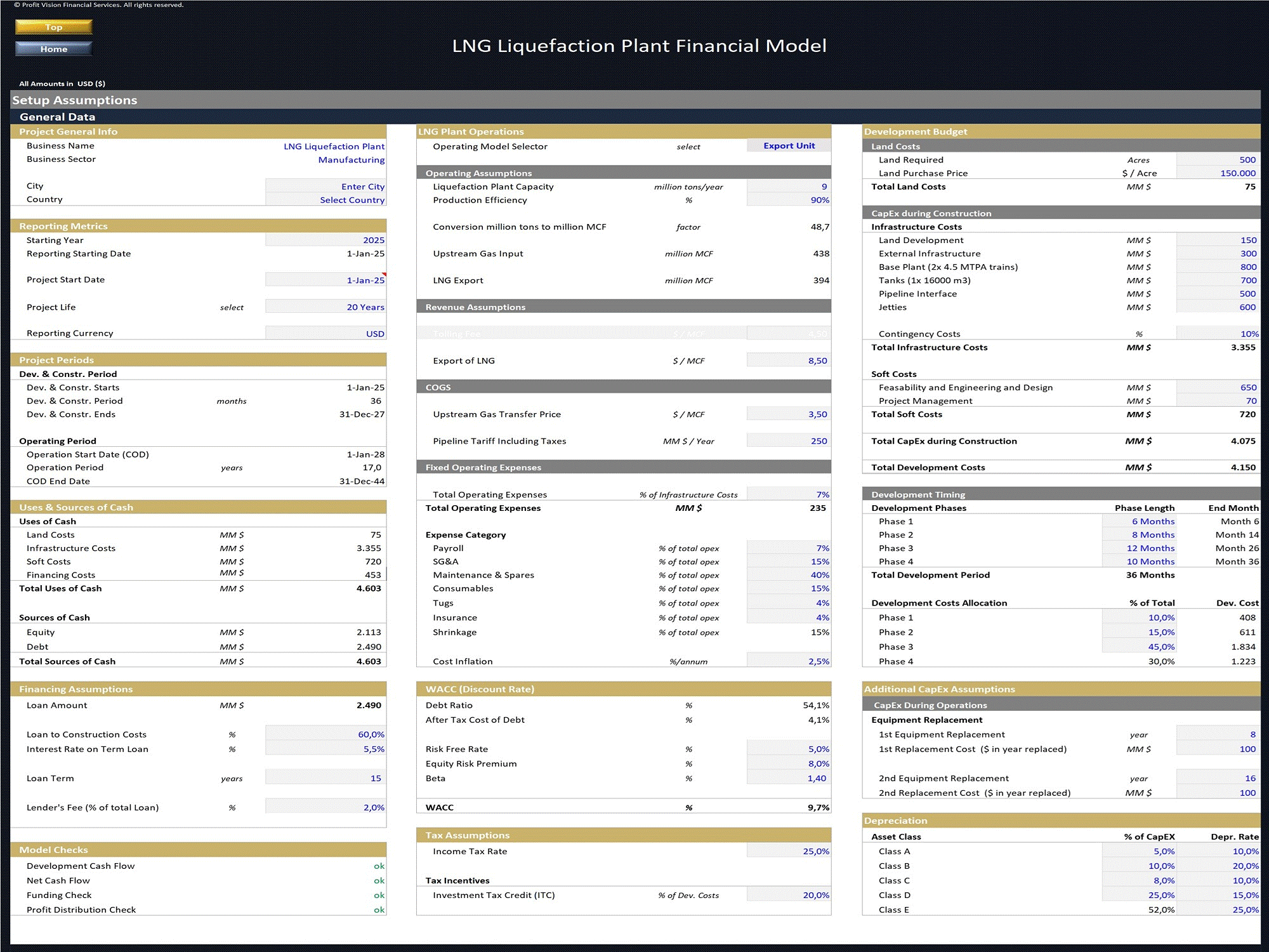 LNG Liquefaction Plant – Project Finance Model (Excel template (XLSX)) Preview Image