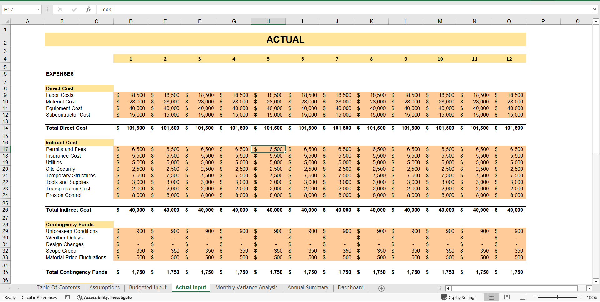 Construction Cost Tracking Spreadsheet (Excel template (XLSX)) Preview Image