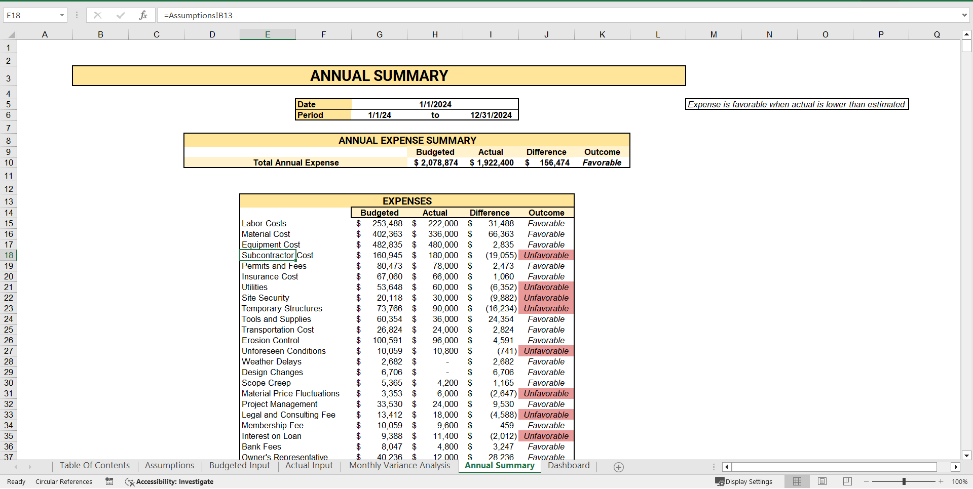 Construction Cost Tracking Spreadsheet (Excel template (XLSX)) Preview Image