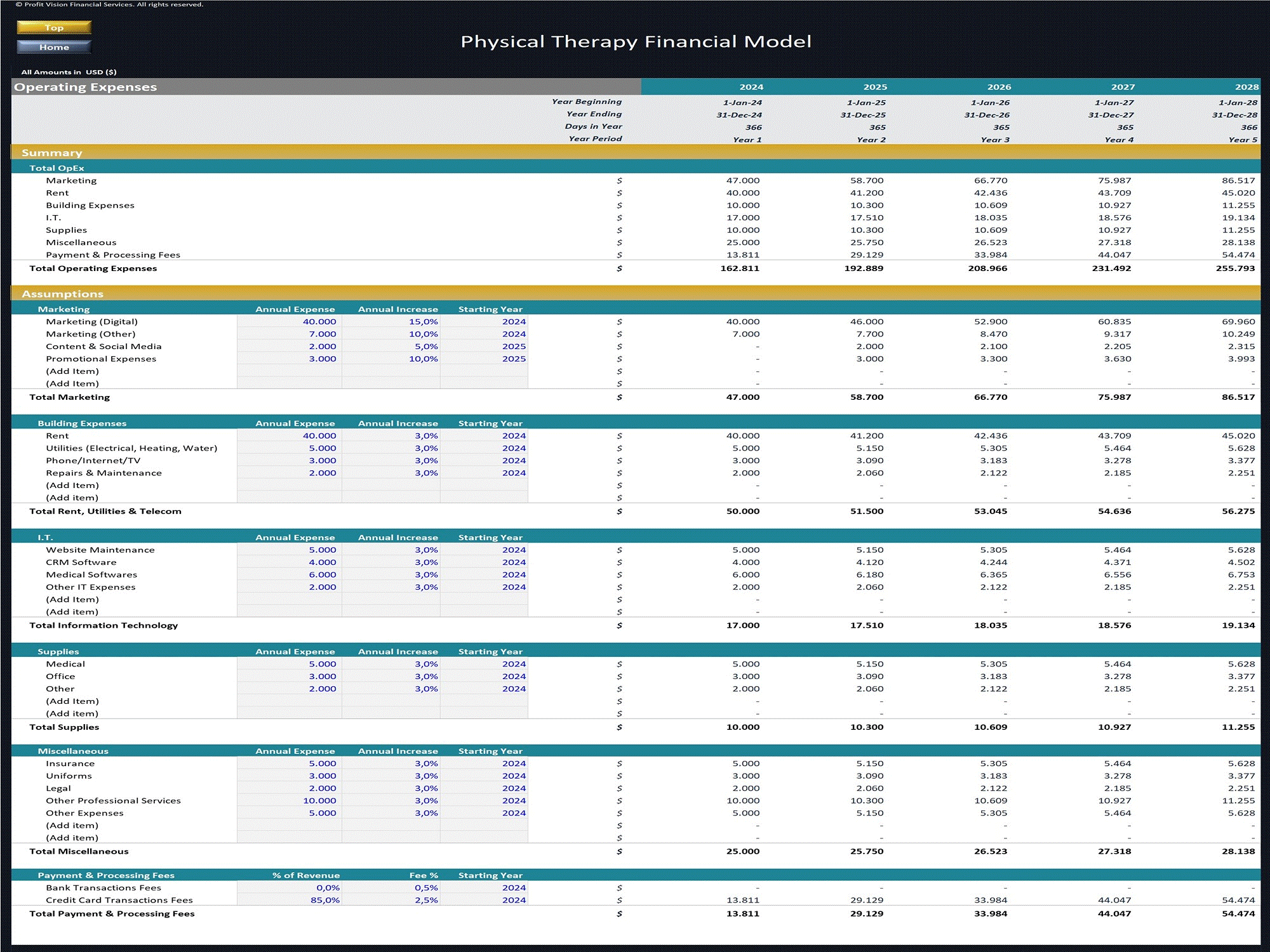 Physical Therapy Clinic – 5 Year Financial Model (Excel template (XLSX)) Preview Image