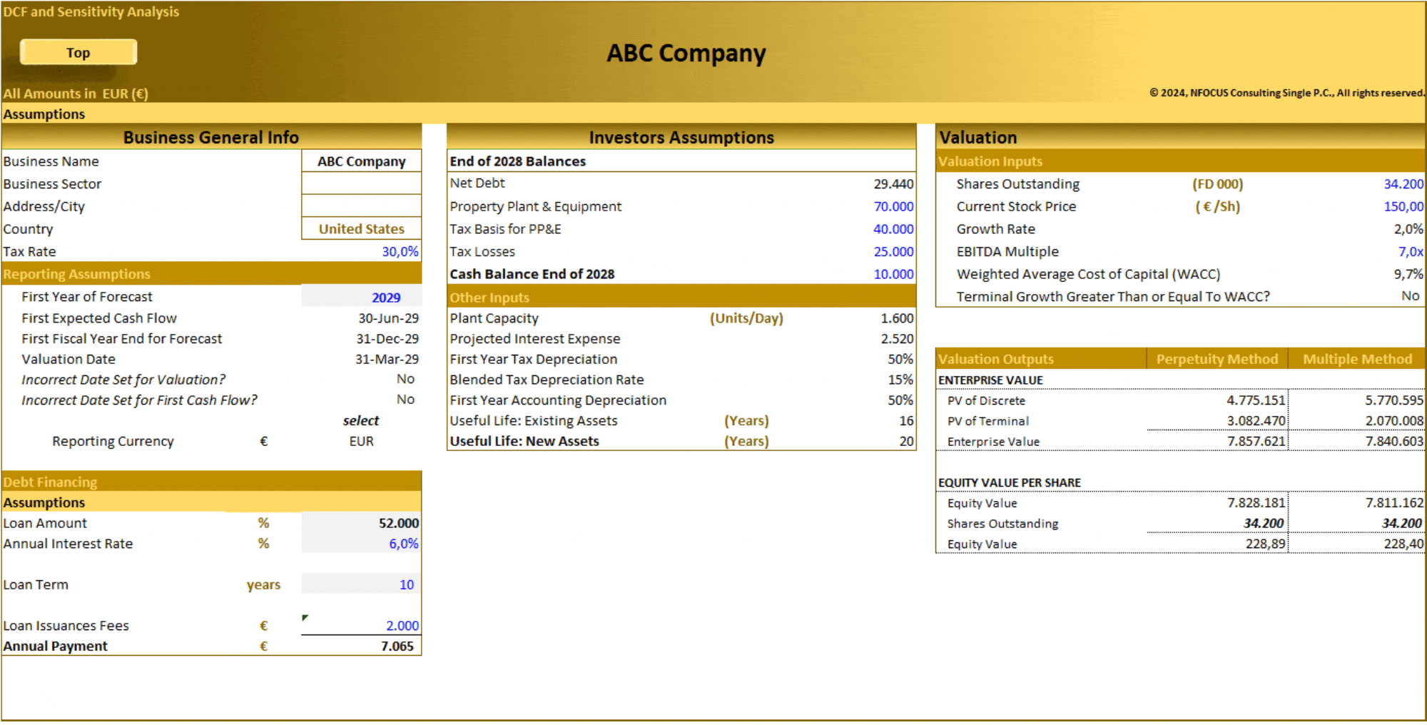 DCF Valuation and Sensitivity Analysis (10-Year) (Excel template (XLSX)) Preview Image