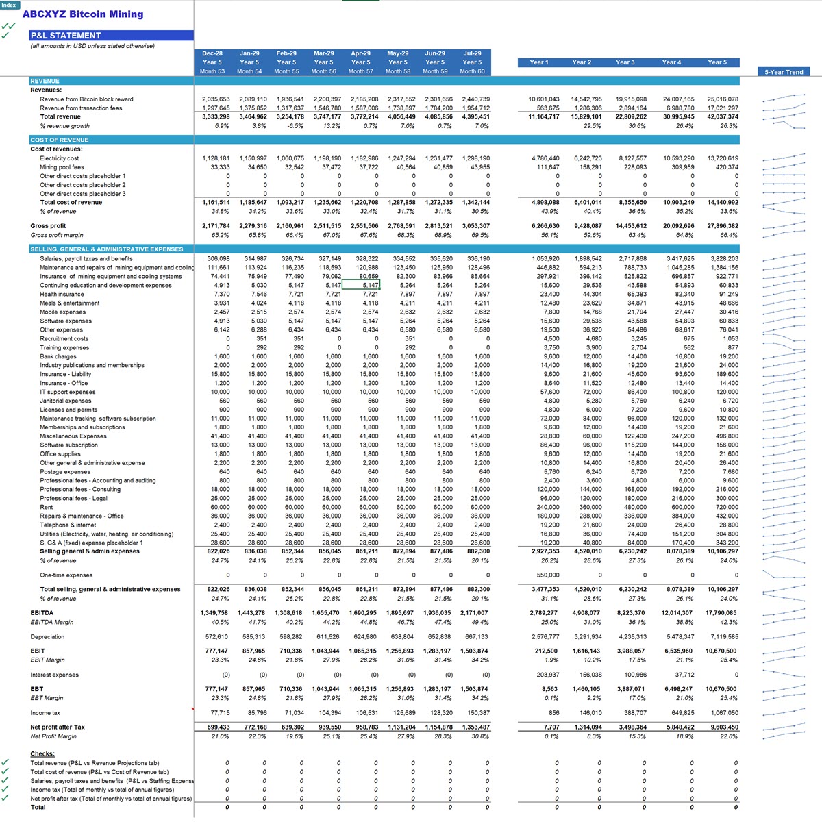 Bitcoin Mining 3-Statement Financial Model (Excel template (XLSX)) Preview Image