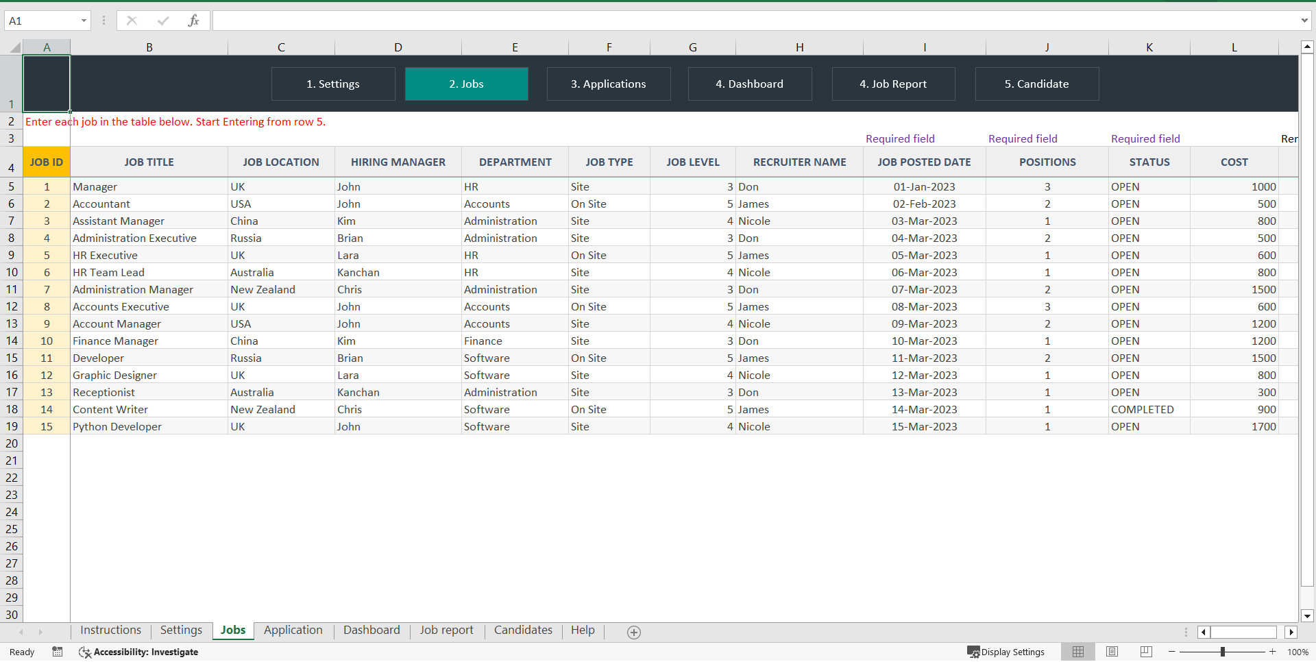 Recruitment Management Excel Template (Excel template (XLSM)) Preview Image