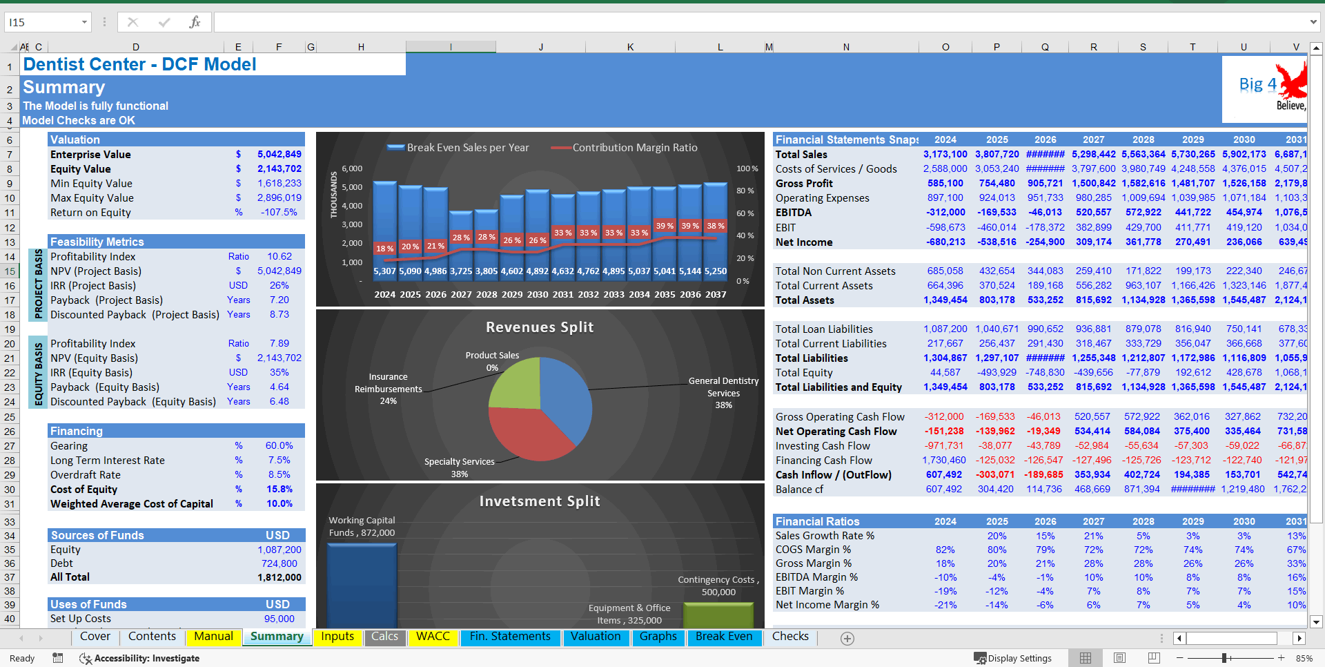 Dentists' Center - Financial Model (10+ Year DCF and Valuation) (Excel template (XLSX)) Preview Image