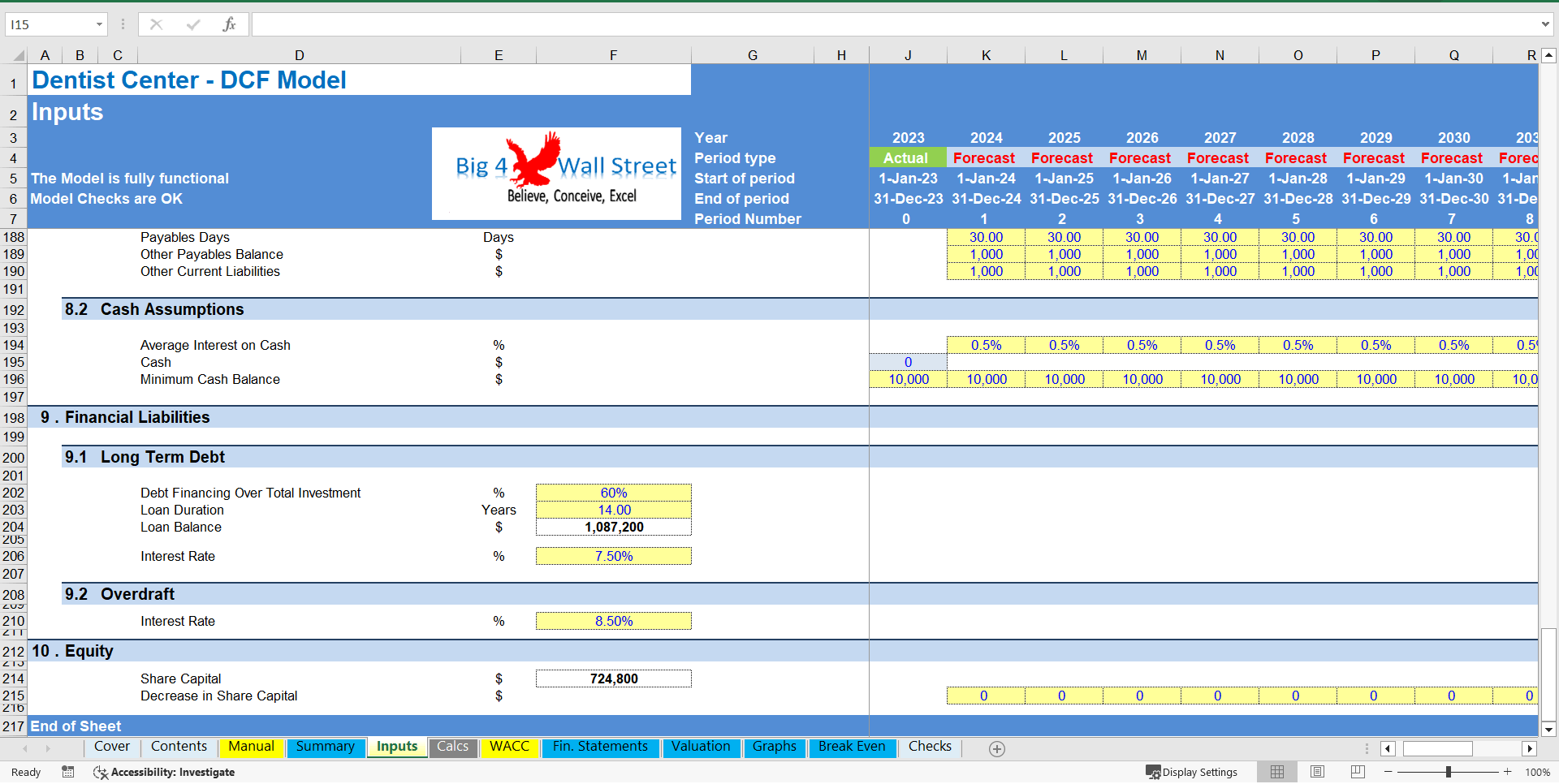 Dentists' Center - Financial Model (10+ Year DCF and Valuation) (Excel template (XLSX)) Preview Image