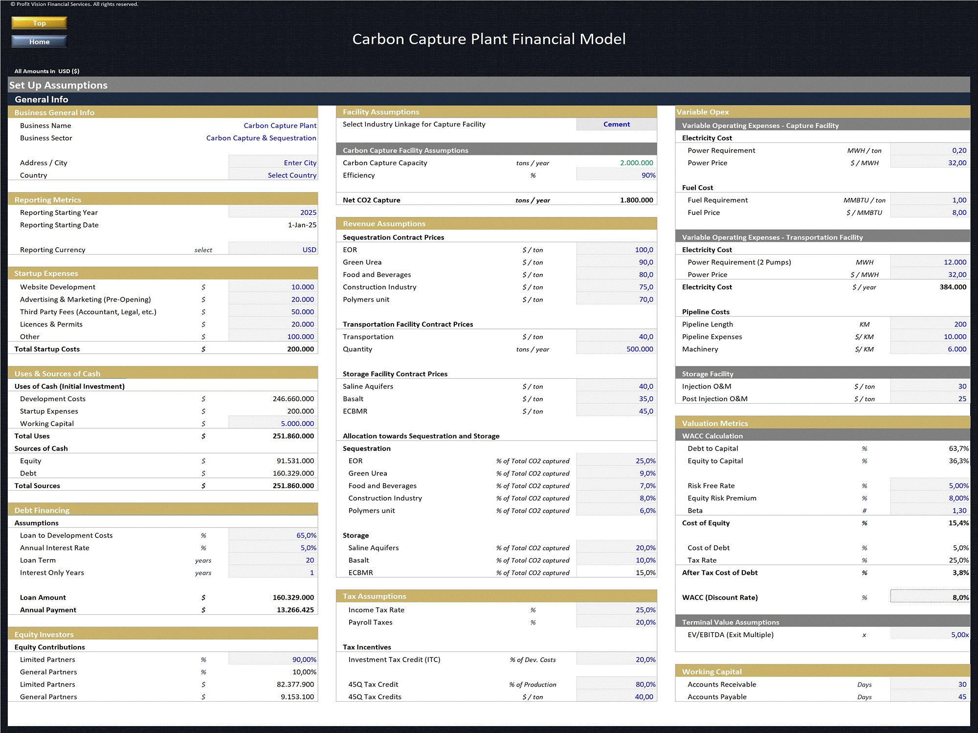 Carbon Capture Plant (Sequestration, Storage, Transportation) (Excel template (XLSX)) Preview Image