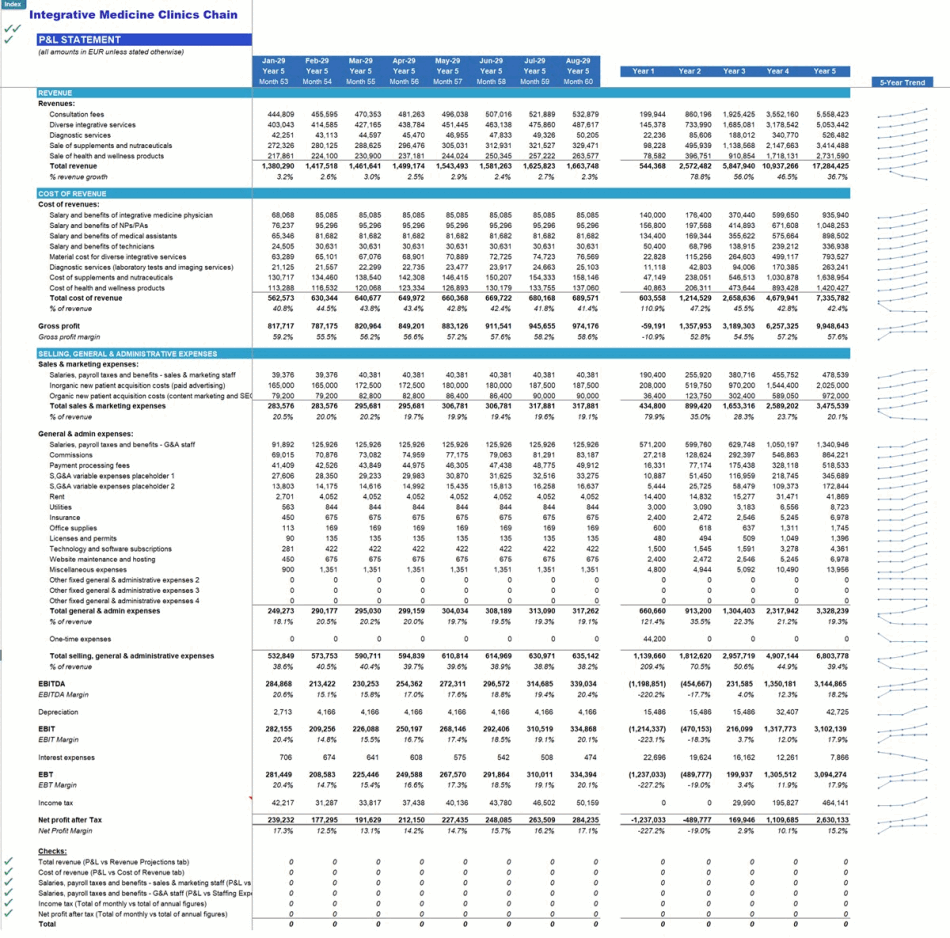 Integrative Medicine & Health Clinics Chain Financial Model (Excel template (XLSX)) Preview Image