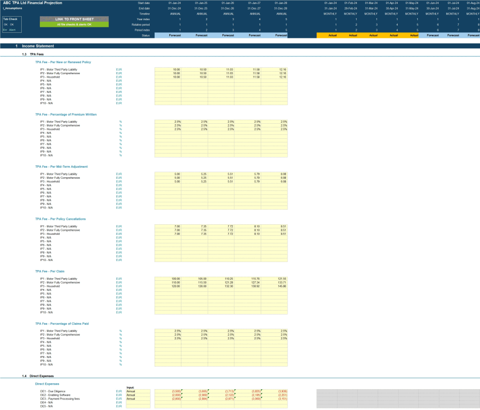 Insurance Third-Party Administrator (TPA) 5-Year 3 Statement Financial Model (Excel template (XLSX)) Preview Image