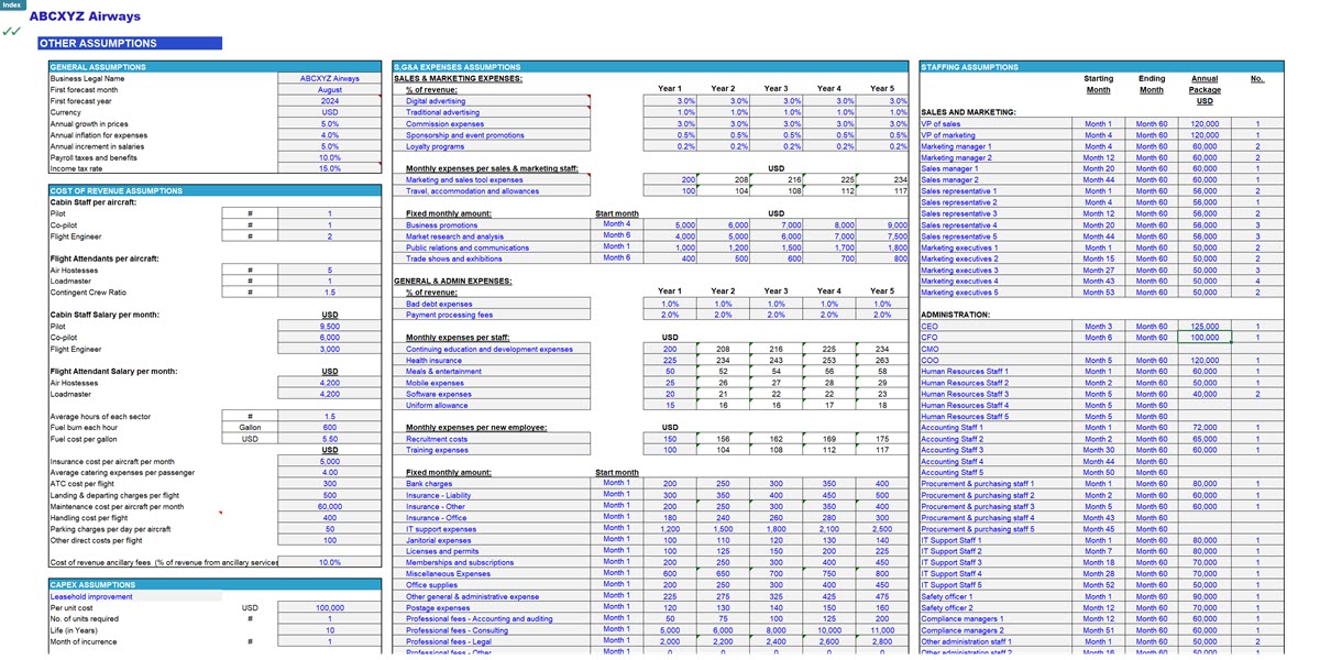 Airline Financial Projection Model (Aircraft Lease Basis) (Excel template (XLSX)) Preview Image