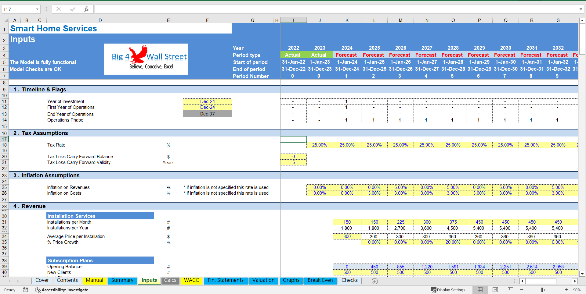 Smart Home Services Business - Financial Model (10+ Year DCF and Valuation) (Excel template (XLSX)) Preview Image