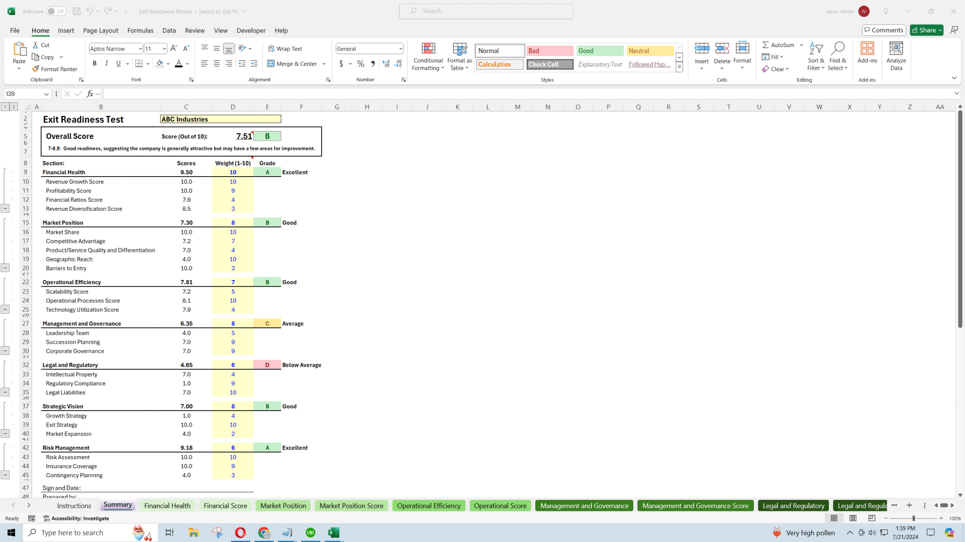 Business Exit & Valuation Assessment Tool (Excel template (XLSX)) Preview Image