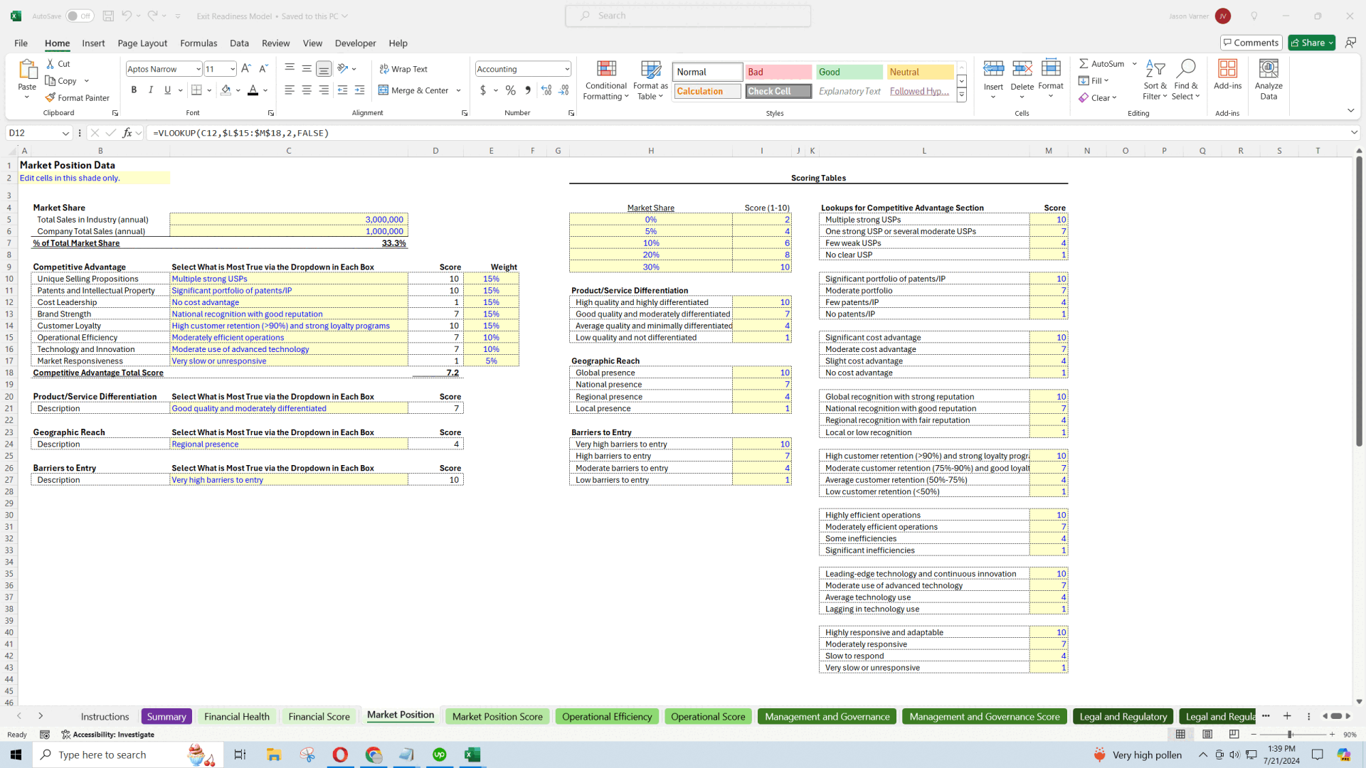 Business Exit & Valuation Assessment Tool (Excel template (XLSX)) Preview Image