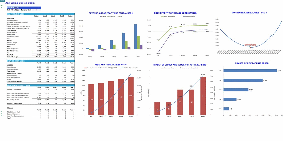 Anti-Aging Clinics Chain Financial Model (Excel template (XLSX)) Preview Image