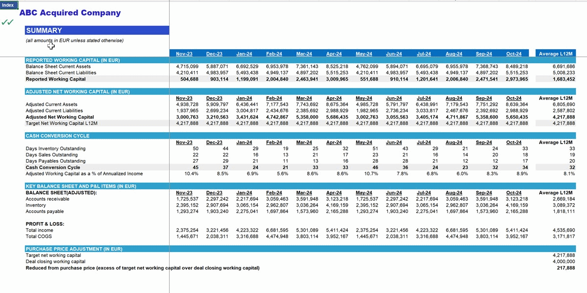 Adjusted Net Working Capital Template (Excel template (XLSX)) Preview Image