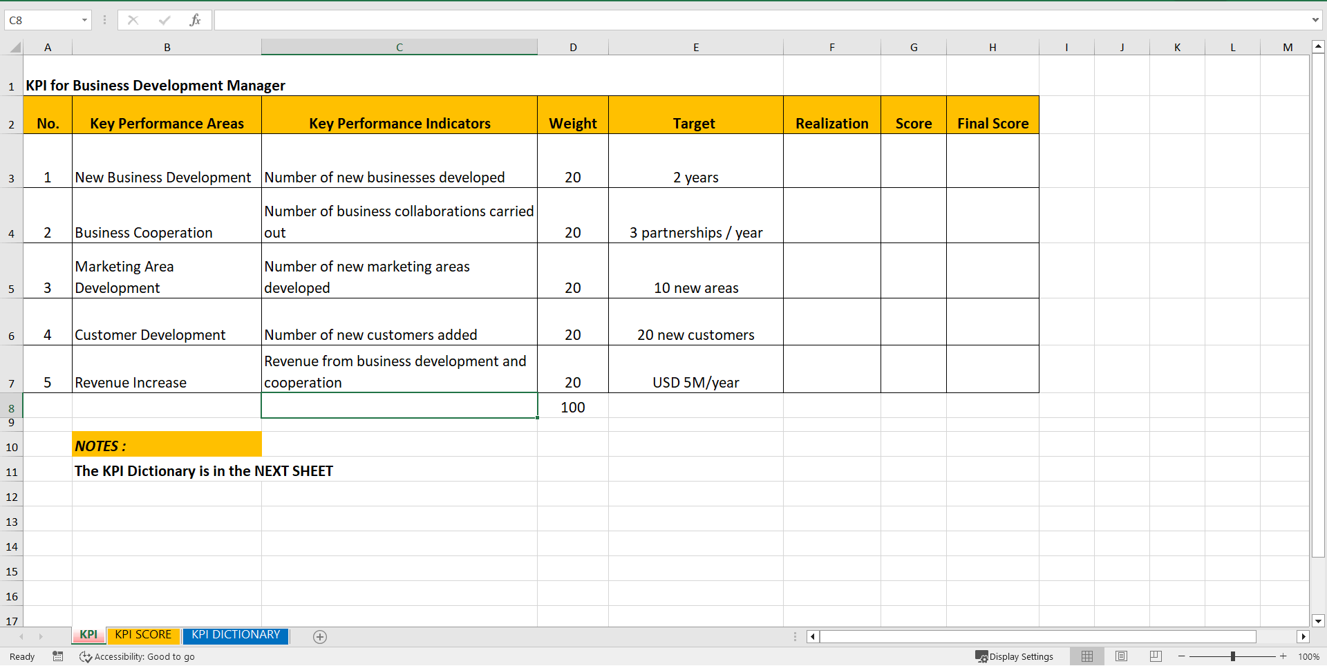 KPI Business Development Manager (Excel template (XLSX)) Preview Image