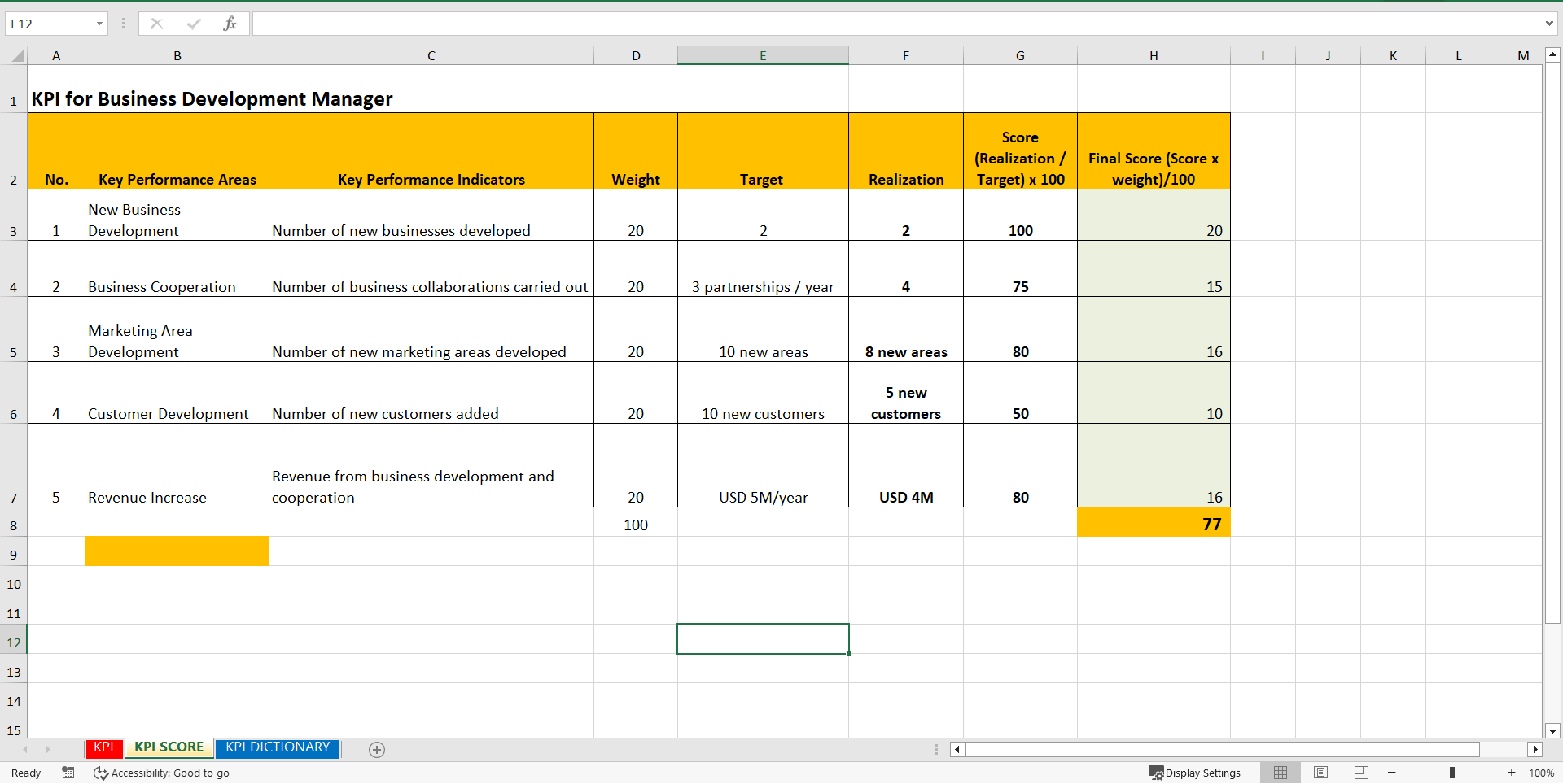 KPI Business Development Manager (Excel template (XLSX)) Preview Image