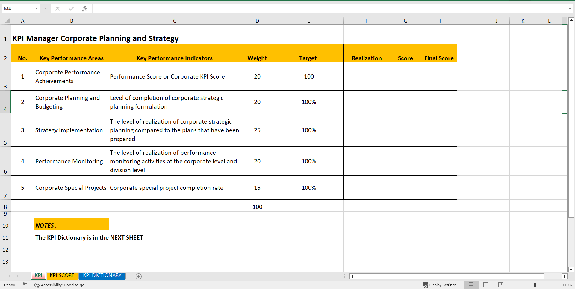 KPI Corporate Planning Manager (Excel template (XLSX)) Preview Image