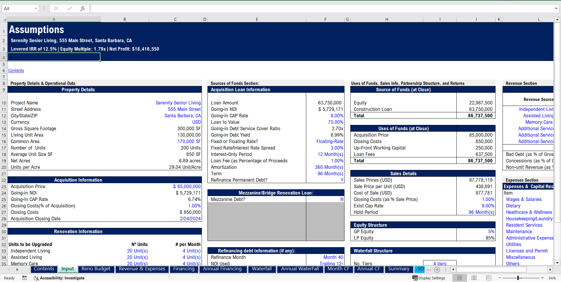 Senior Living Acquisition Model | Real Estate Pro-forma (Excel template (XLSM)) Preview Image