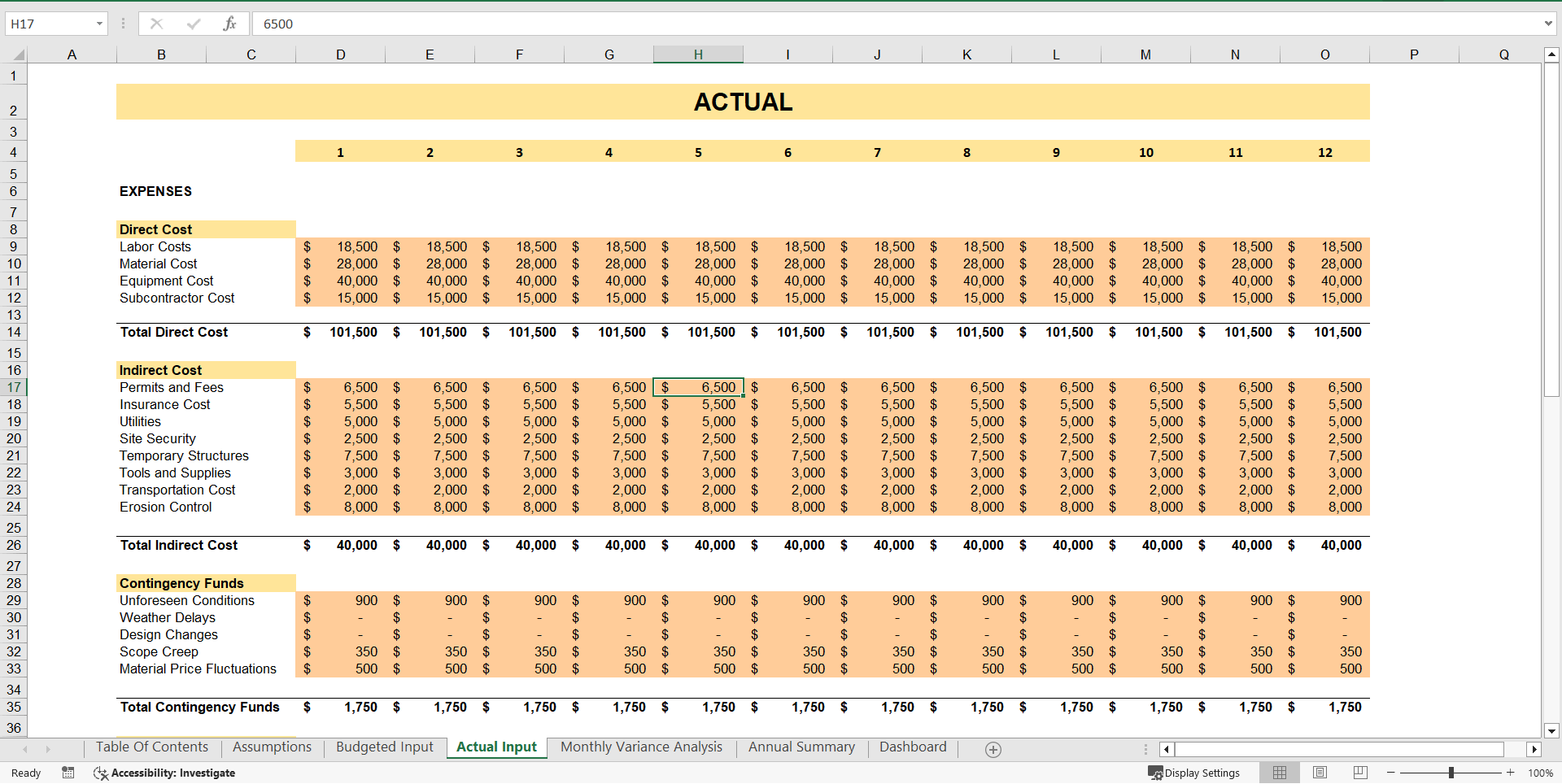 Construction Cost Tracking Spreadsheet (Excel template (XLSX)) Preview Image