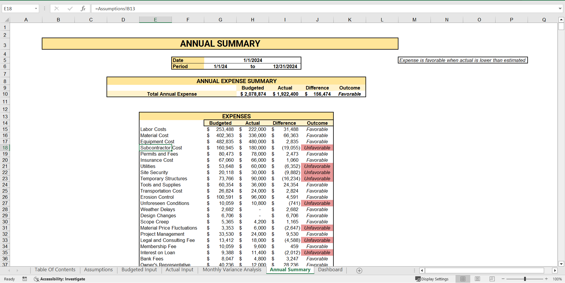 Construction Cost Tracking Spreadsheet (Excel template (XLSX)) Preview Image