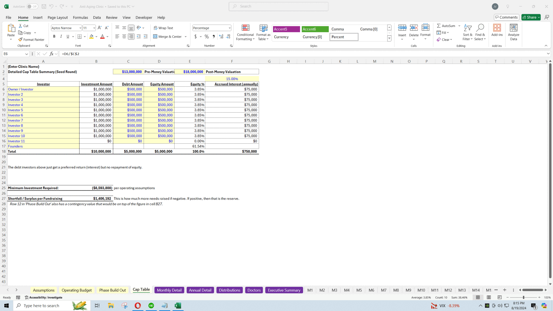 Health Clinic Pro Forma Template with Cap Table (Excel template (XLSX)) Preview Image