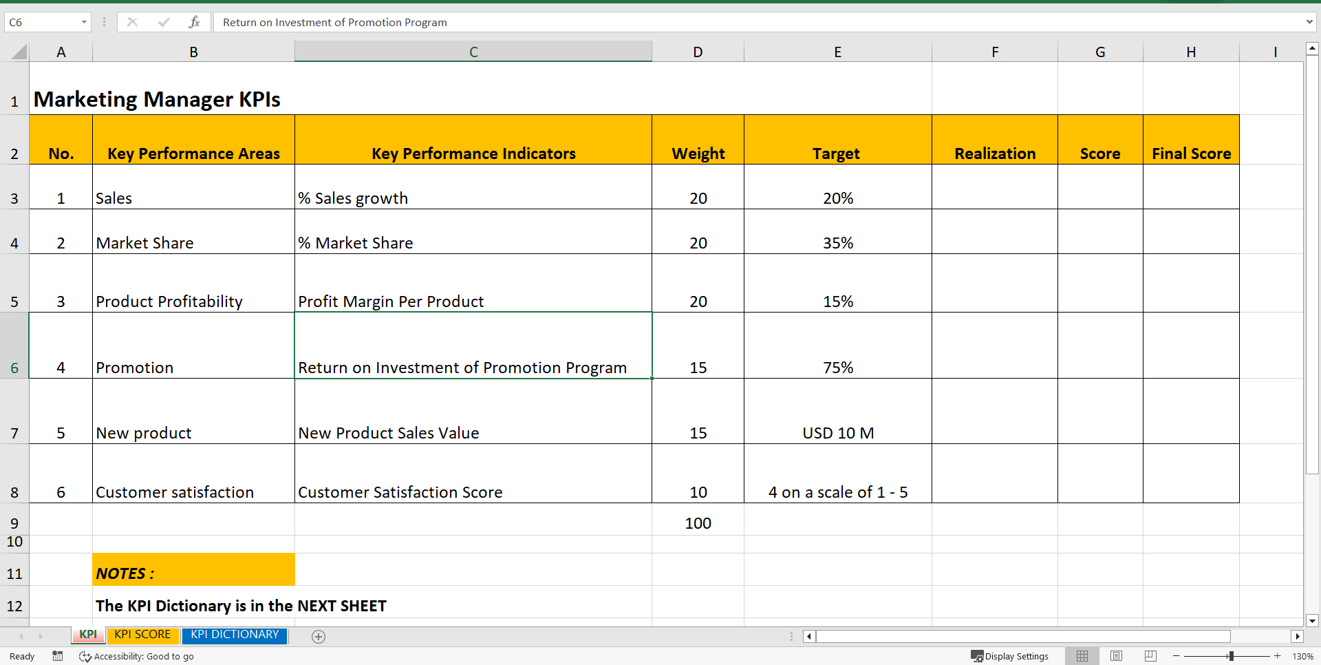 KPI Marketing Manager (Excel template (XLSX)) Preview Image