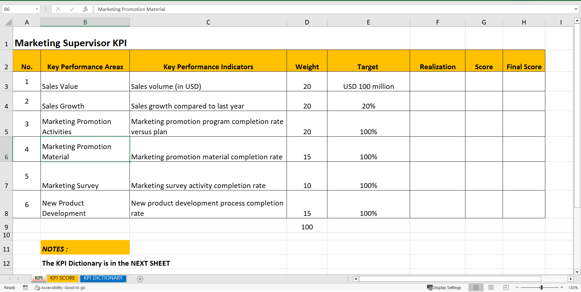 KPI Sales & Marketing Supervisor (Excel template (XLSX)) Preview Image