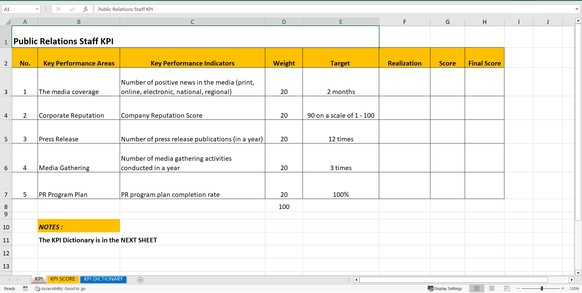 KPI Public Relation Staff (Excel template (XLSX)) Preview Image