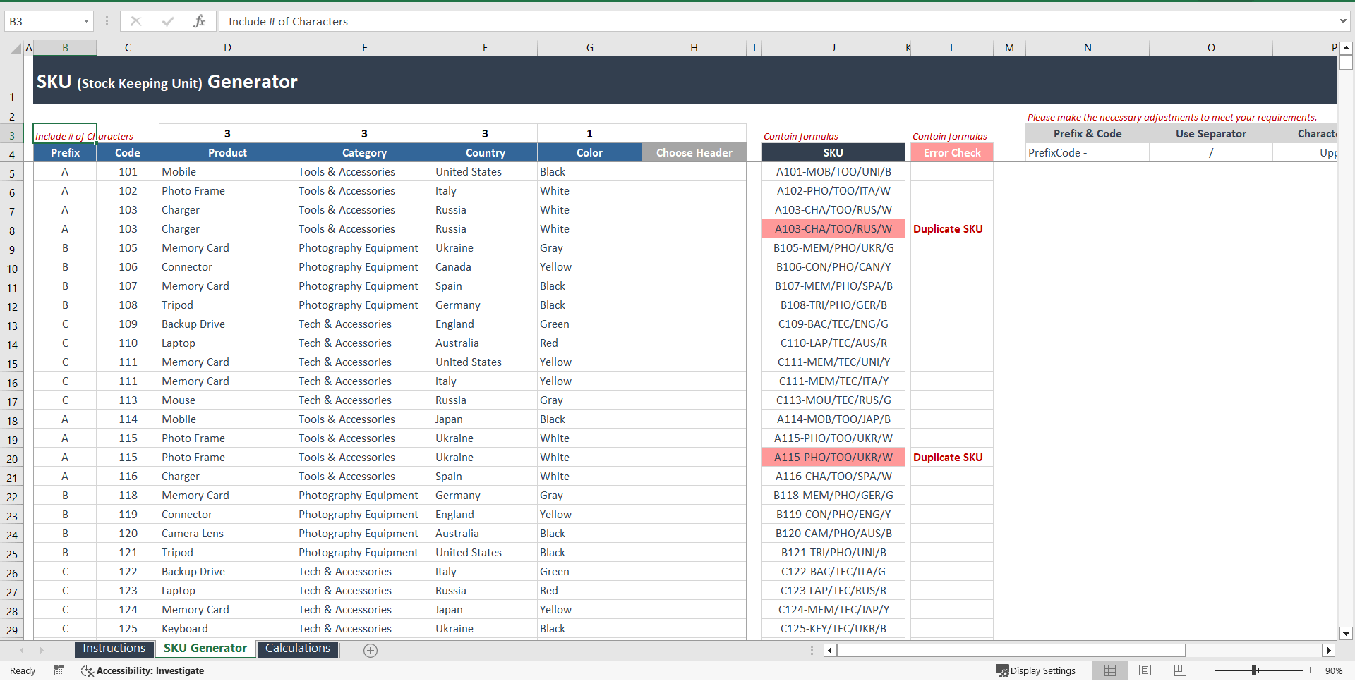 SKU Generator Excel Template (Excel template (XLSX)) Preview Image