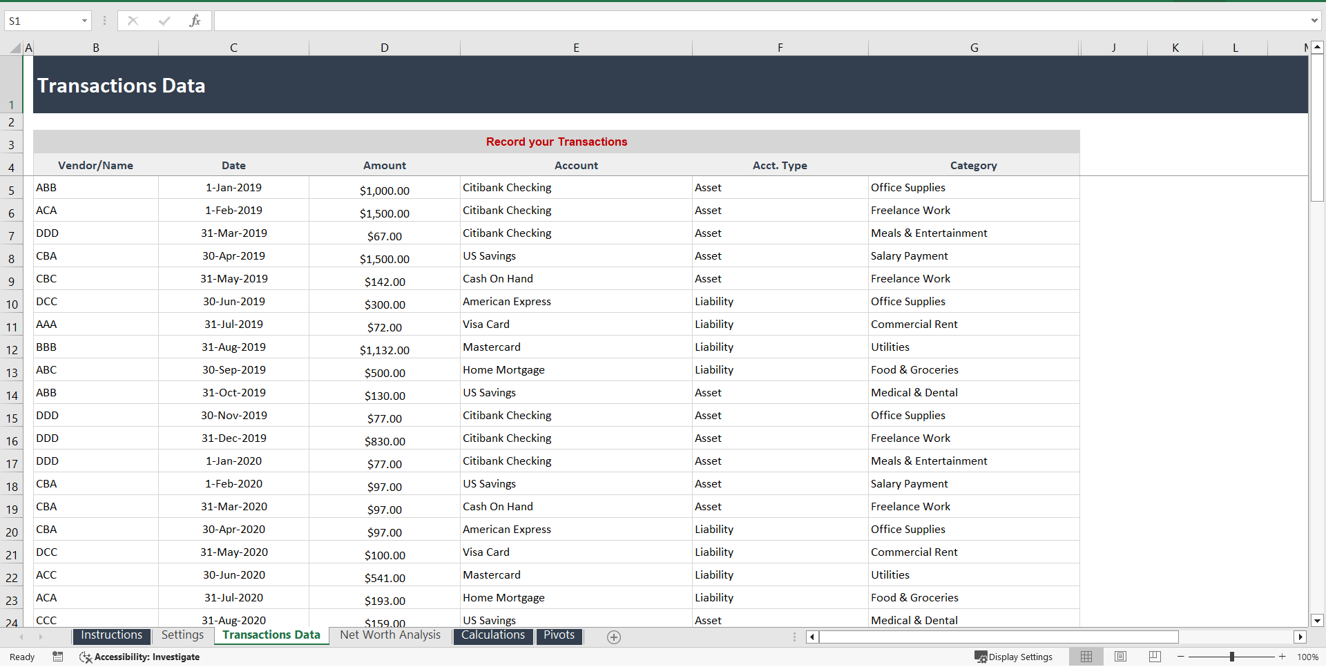 Net Worth Analysis Excel Template (Excel template (XLSX)) Preview Image