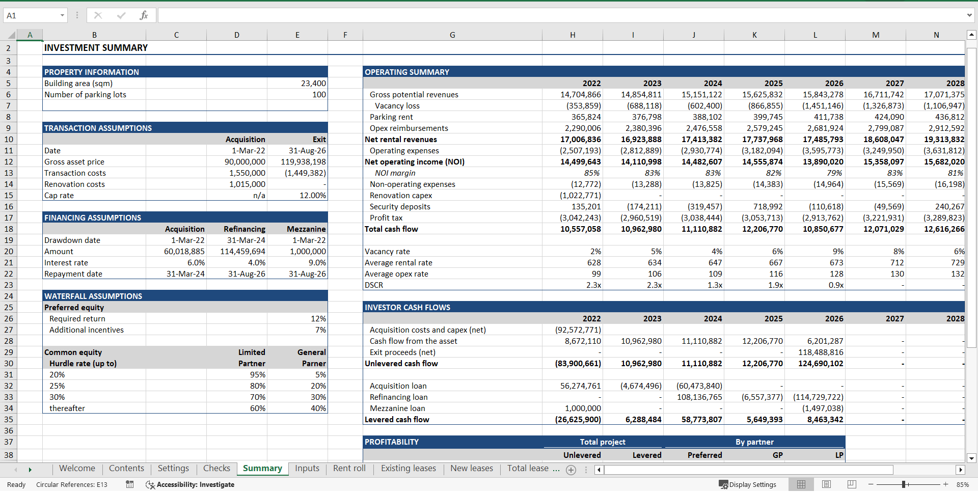 Real Estate Acquisition ("Buy-Hold-Sell") Financial Model (Excel template (XLSX)) Preview Image