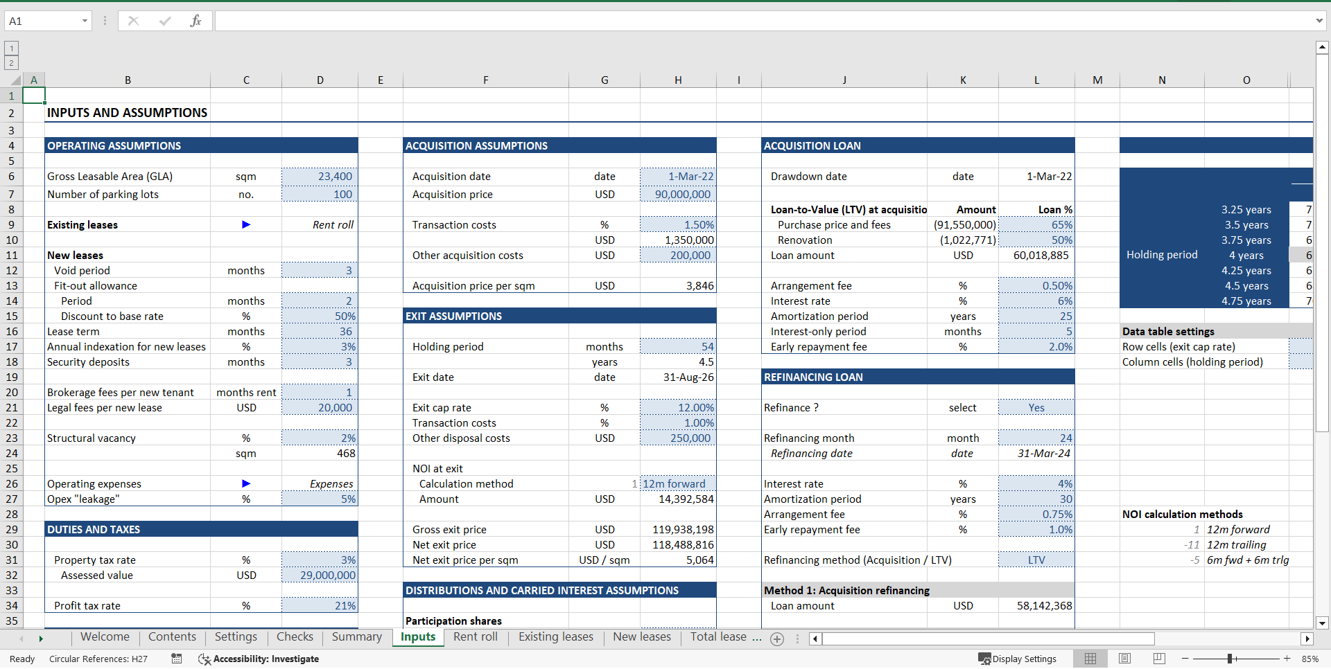 Real Estate Acquisition ("Buy-Hold-Sell") Financial Model (Excel template (XLSX)) Preview Image