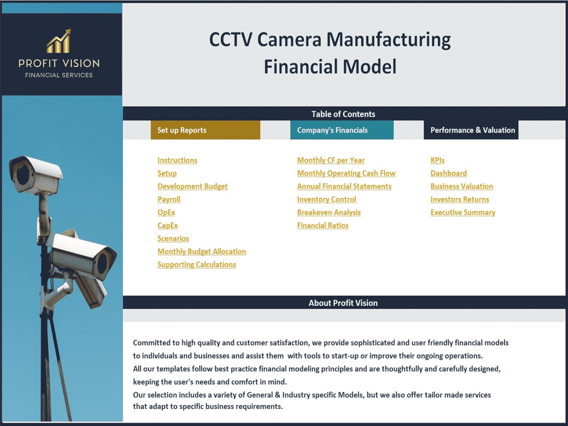 CCTV Camera Manufacturing – 10 Year Financial Model (Excel template (XLSX)) Preview Image