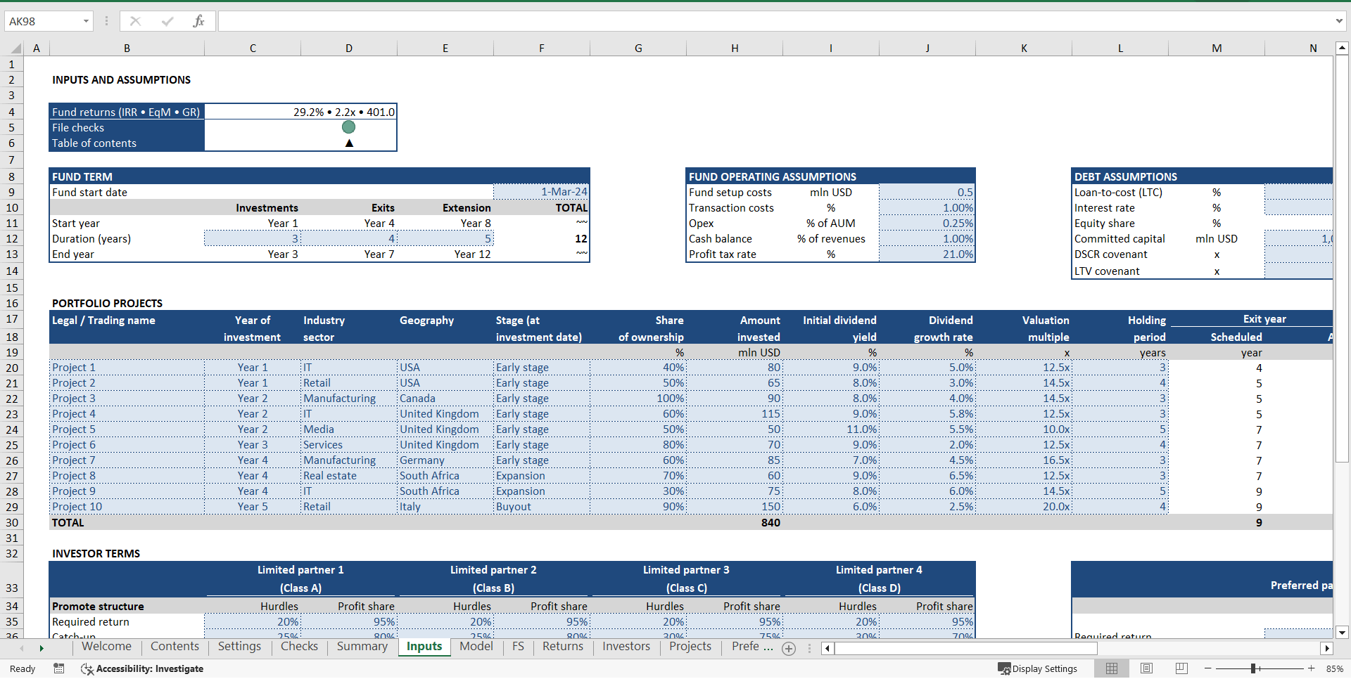 Private Equity (Venture Capital) Fund Financial Model (Excel template (XLSX)) Preview Image